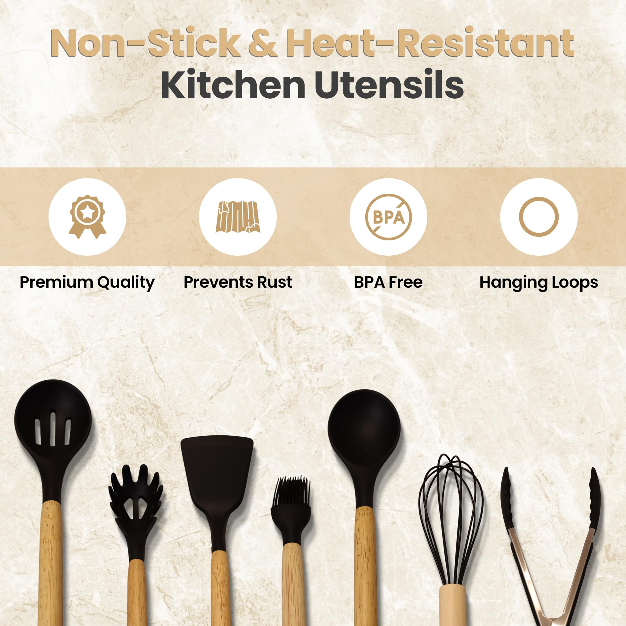 12 Pcs Silicone Cooking Utensils Set with Holder – Heat Resistant, BPA-Free Tools for Non-Stick Cookware – Ideal for Homes, Daily Cooking & Gifting – Black Kitchen Set — view 5