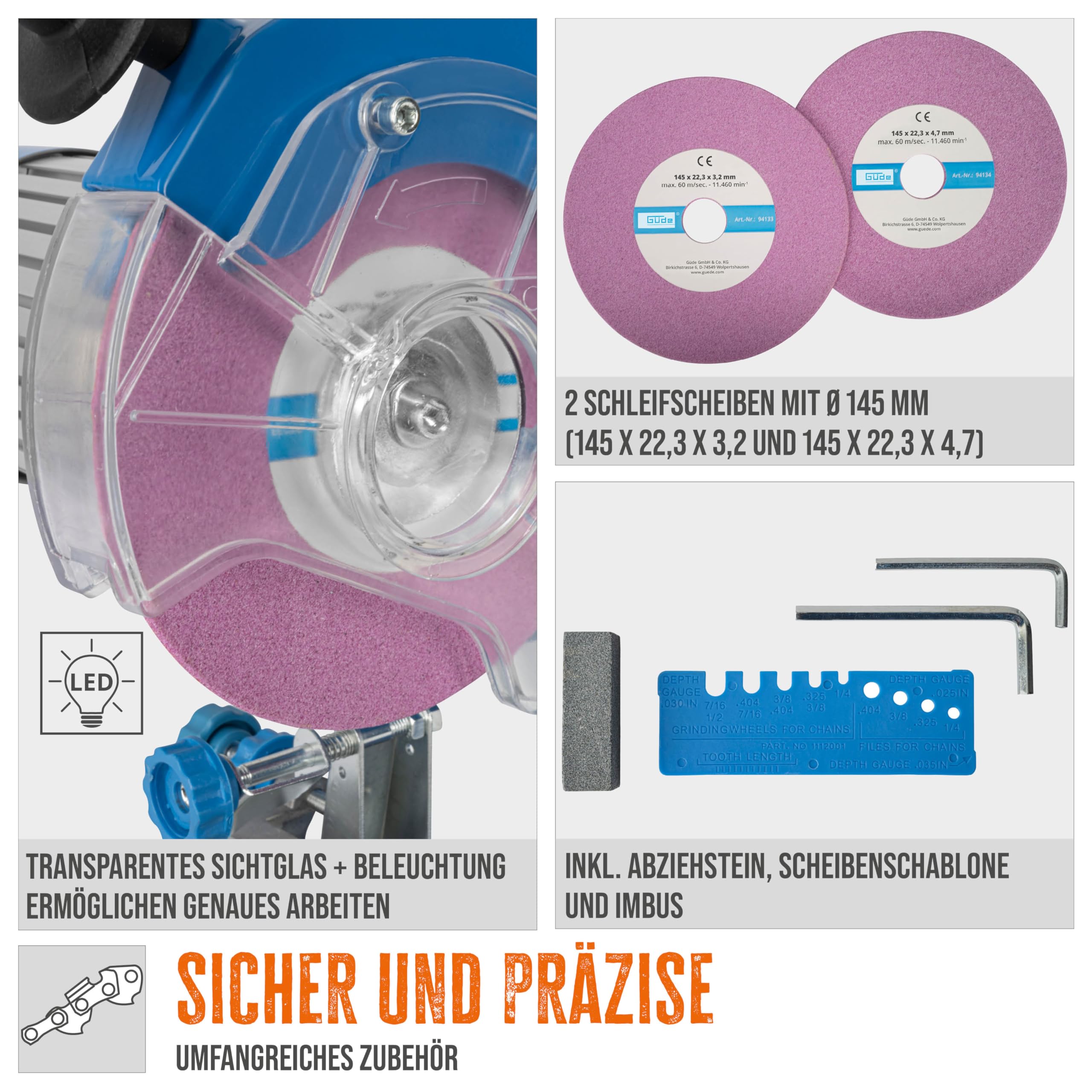 Güde Sägekettenschärfgerät P 2300 A (230W, 3000 1/min, Schärfwinkel einstellbar 2x 35°, Kettenführungsschiene, Beleuchtung, für alle gängigen Sägekettentypen, 2x Schleifscheiben ø145 mm & Abziehstein)