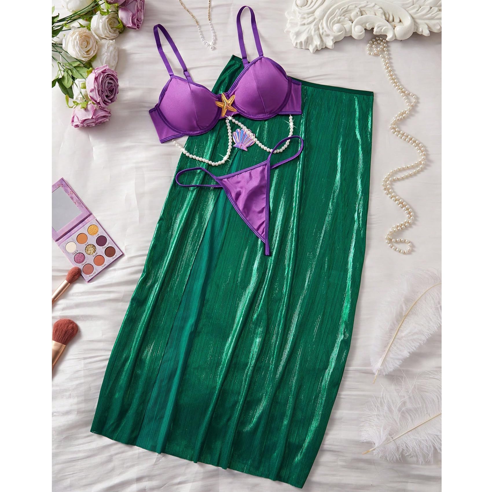 JasmyGirls Costume da principessa sirena per Halloween, da donna, a due pezzi, con reggiseno a stella marina e vestito con conchiglie
