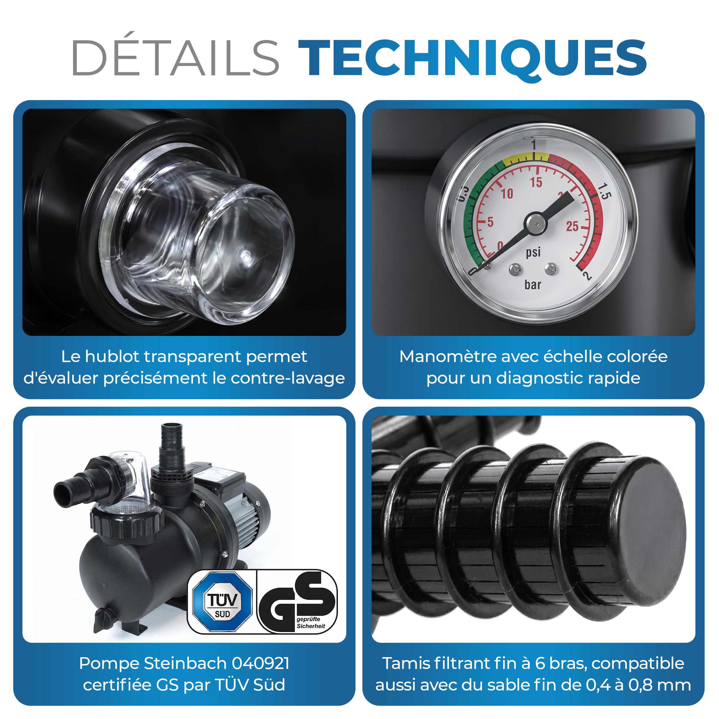 Miganeo Filtre à Sable Dynamic 8000 Pro - Noir | 8000 l/h | Système de filtration pour piscines | Chaudière 370 mm | auto-suceur