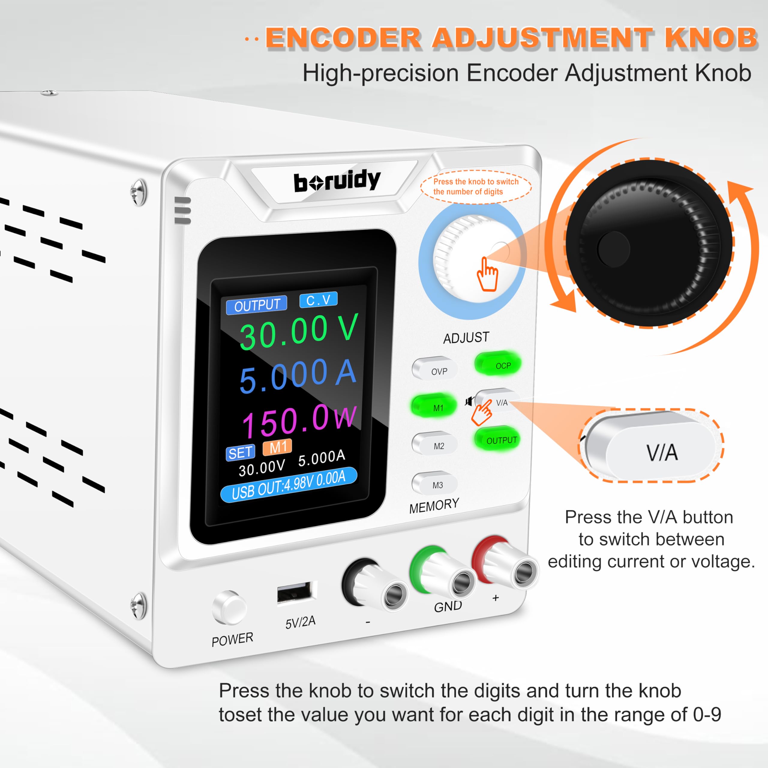 Alimentación de laboratorio ajustable 30 V 5 A boruidy 150 W codificador de alimentación estabilizada ajustable con memorias/salida/OCP OVP con carga rápida USB Pantalla en tiempo real y pantalla TFT