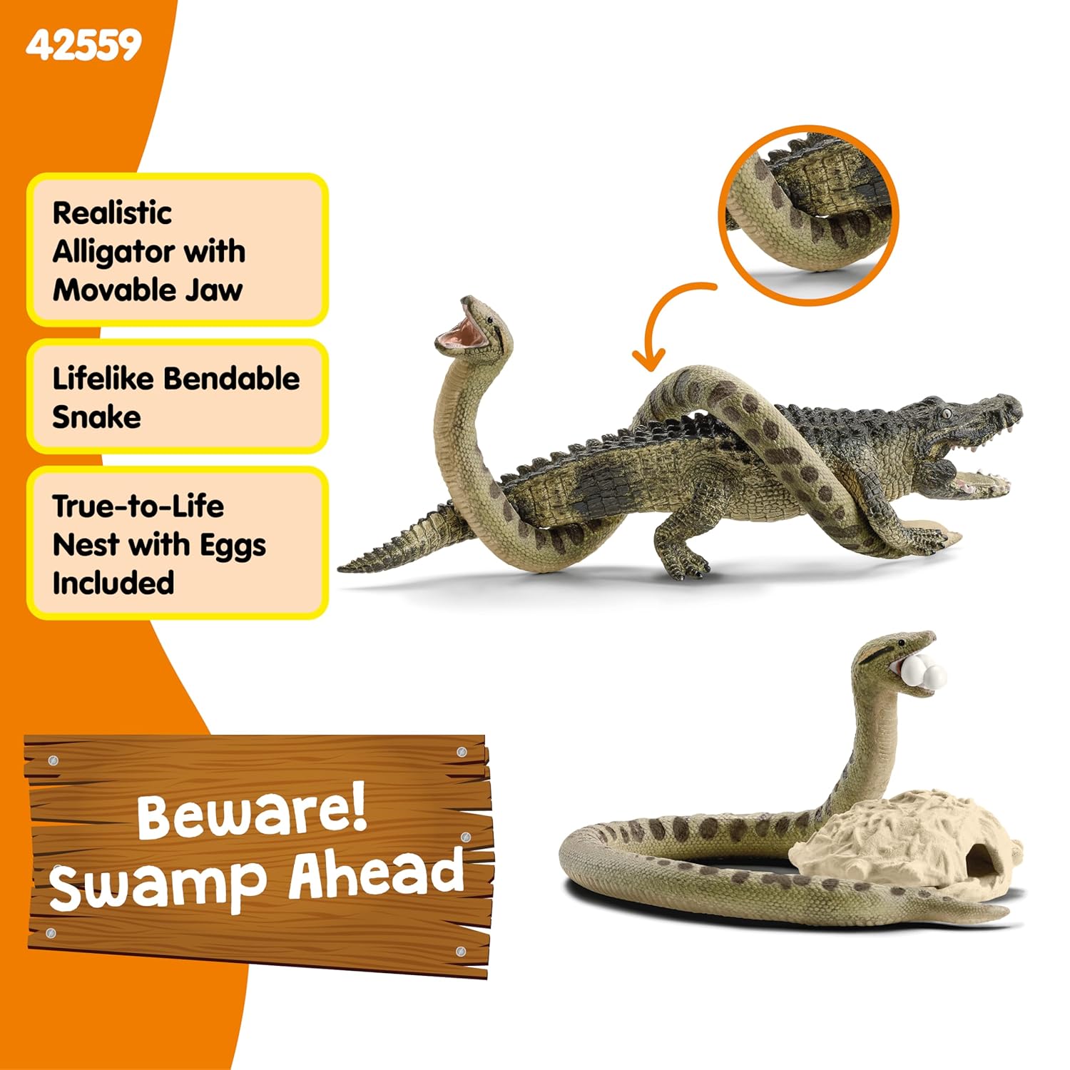 Schleich Wild Life - 4PC Swamp Animal Playset - Alligator Action Figure, Bendable Snake Toy and Accessories - Realistic Animal Figure Set for Kids - Educational Toys for Boys and Girls Ages 3+ | 42559