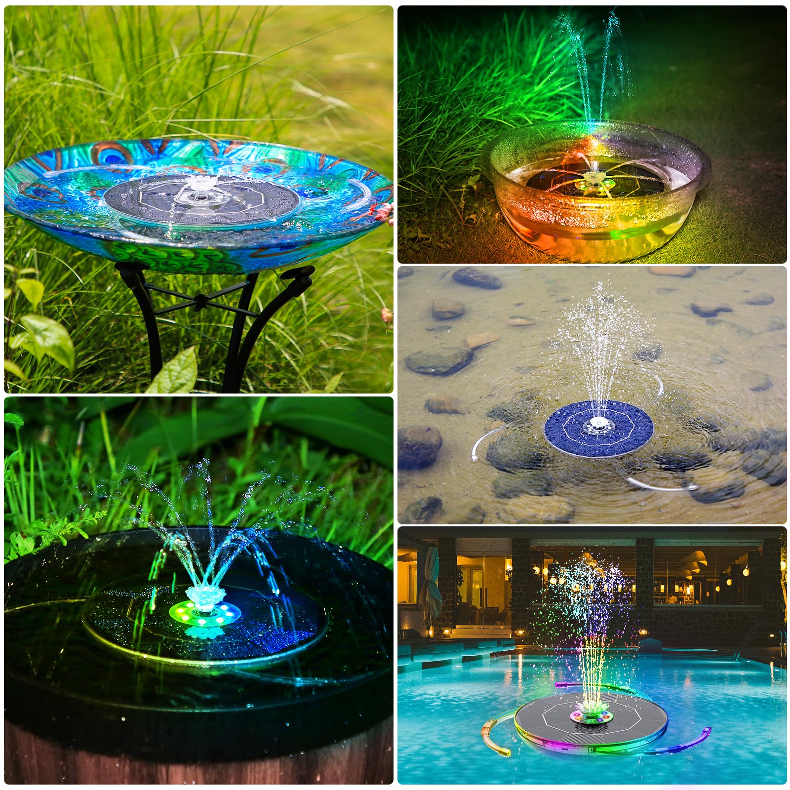 AISITIN 6,5W LED Solar Springbrunnen mit Verstellbare Stützstange, Buntes Solar Teichpumpe Eingebauter Batterie mit Doppelseitig LED Runden Solarbrunnen für Vogelbad,Gartenteich,DIY Wasserspiel,Teich