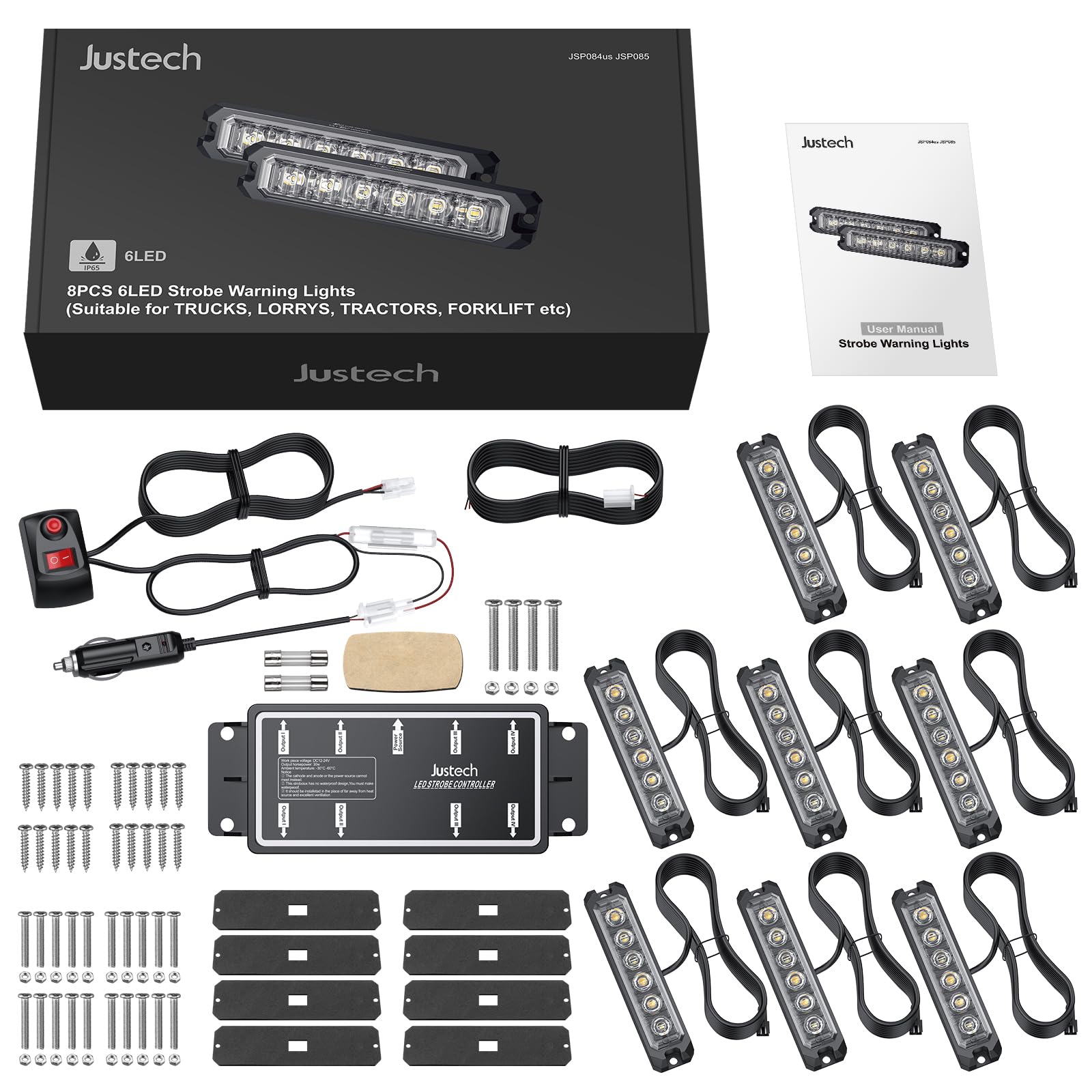 Justech 8 x 6 diod LED samochodowe światła stroboskopowe, bursztynowe ostrzeżenie o zagrożeniu, światła ostrzegawcze, 14 trybów, awaryjne migające światła z główną skrzynką sterującą, 12 V/24 V