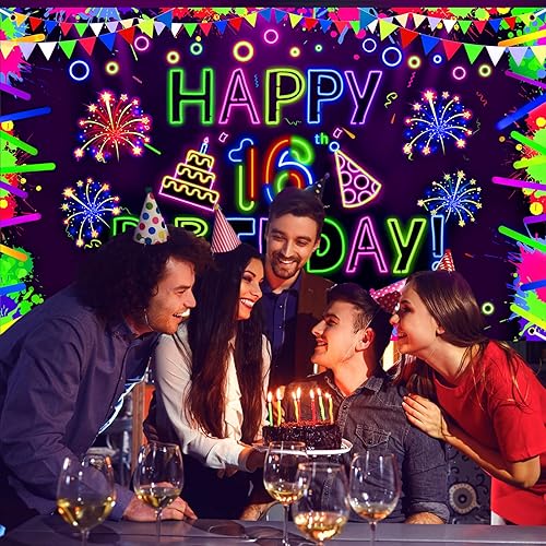 Miniatura 5 de Decoraciones de neón para fiesta de cumpleaños de 13 años, pancarta de fondo que brilla en la oscuridad, decoraciones de fiesta con luz negra UV