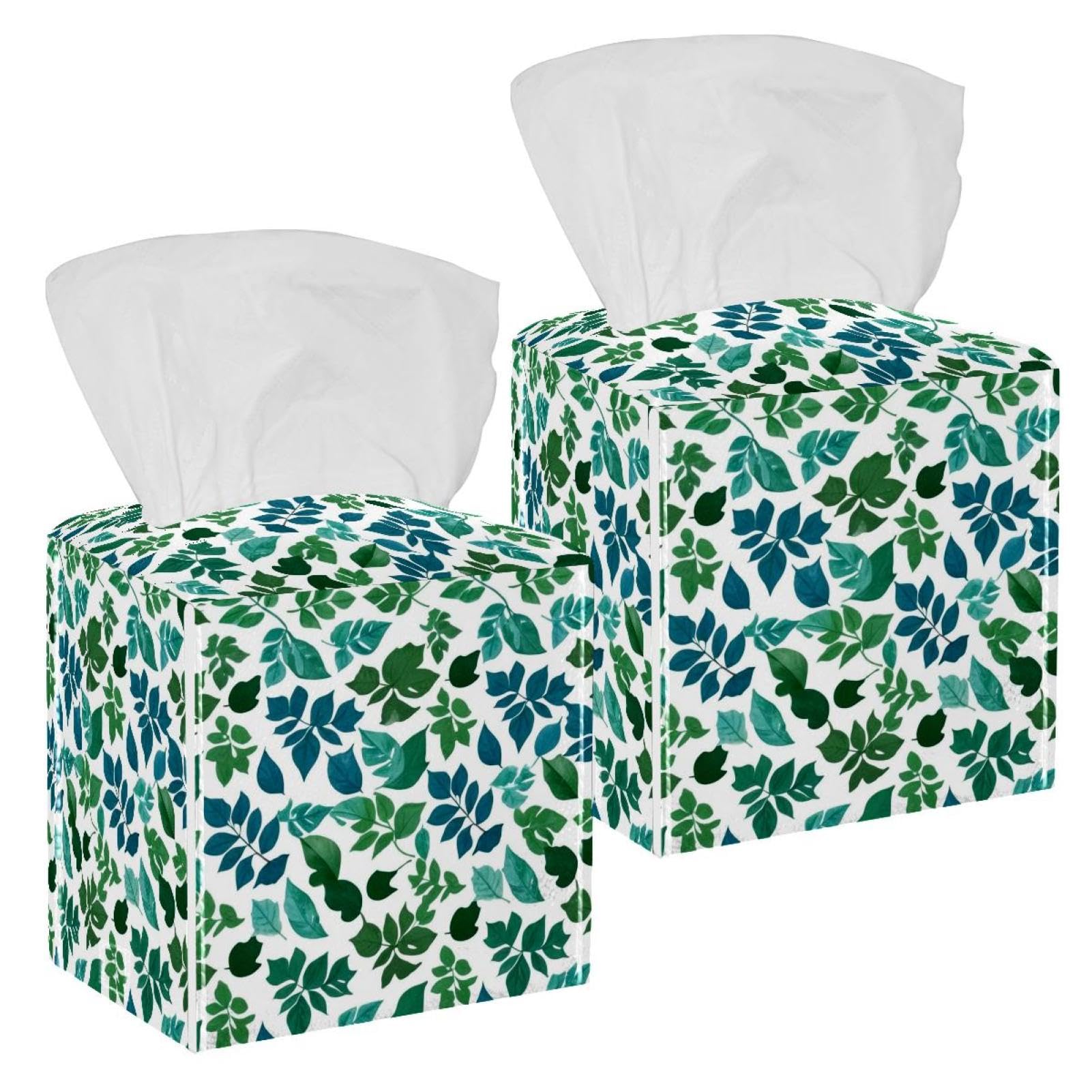 Artistic Leaves Tissue Box Cover, 2 Pack PU Leather Square Facial Tissue Dispenser Box holder for Home Office Car