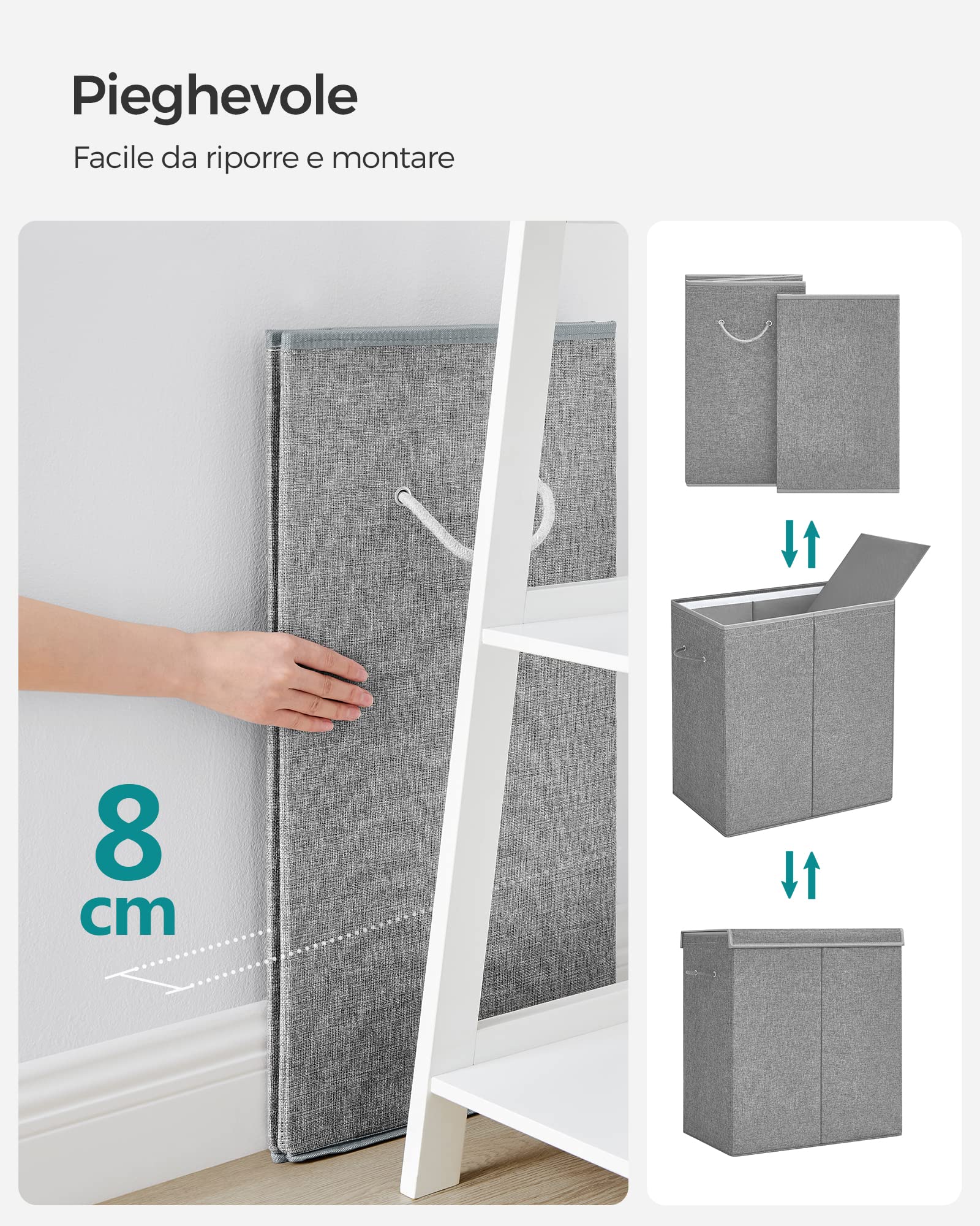 SONGMICS Cesto Portabiancheria, 142L, a 2 Scomparti, Coperchio Magnetico | Cesta Biancheria, in Simil Lino, Pieghevole, Organizza per Tipo, Sacco Rimovibile, Maniglie, Grigio, Collezione TINA LCB02G