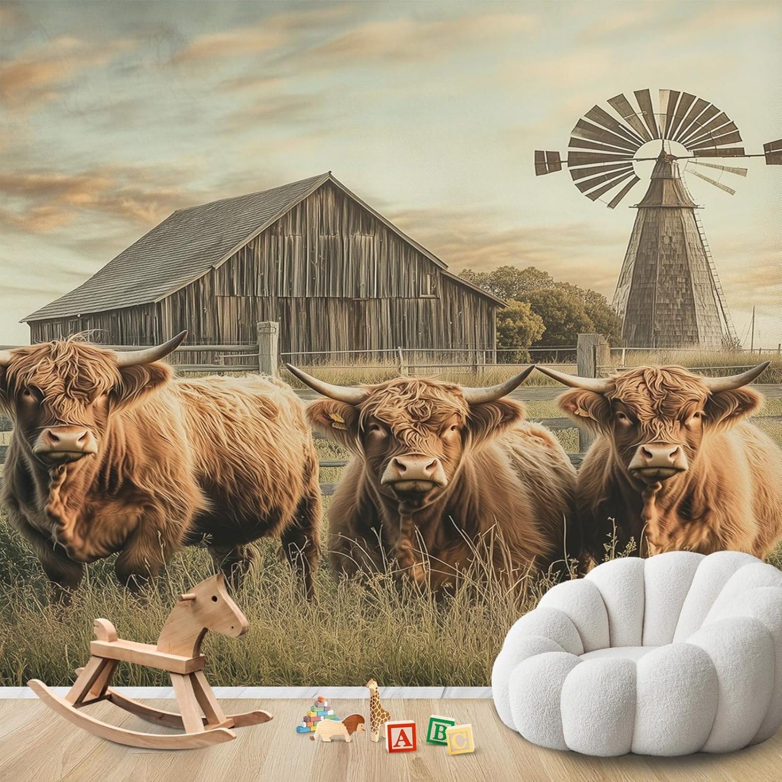 hgjdjhnf Photo Wallpaper Highland Cattle Farm Landscape Non-Woven ModernWallpaper Living Room Bedroom Children's RoomDecoration Motif Wallpaper,200cmx140cmSticker - Background- Painting