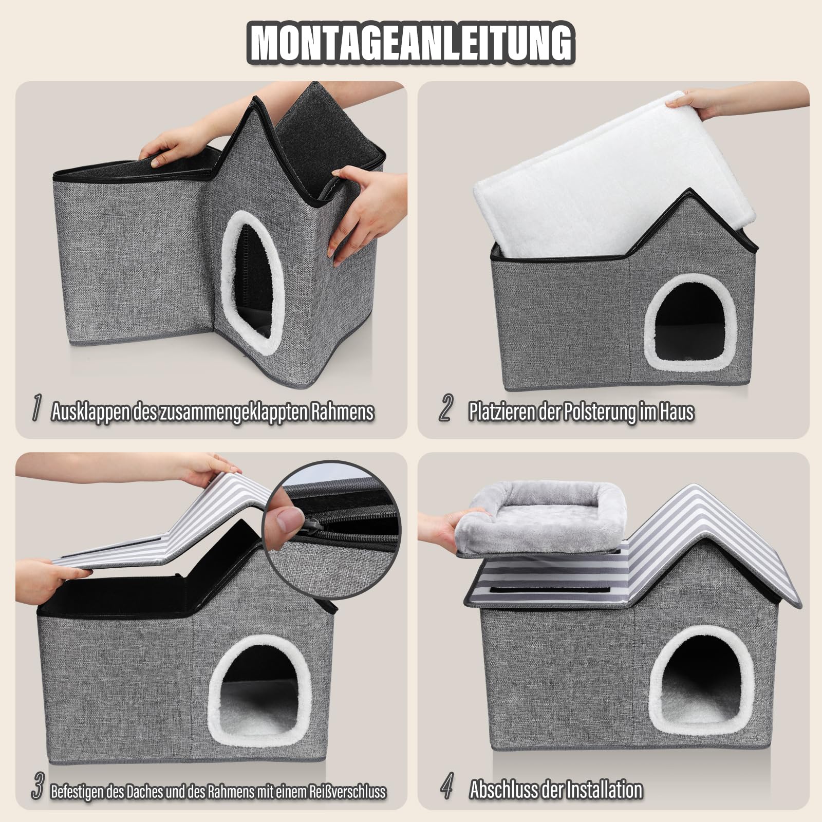 Zvonema Casa para gatos, 2 pisos, cueva de fieltro, protección de las uñas de los gatos, estable casa para gatos interior con cojín suave y lavable, cama plegable para mascotas pequeñas y medianas, 57