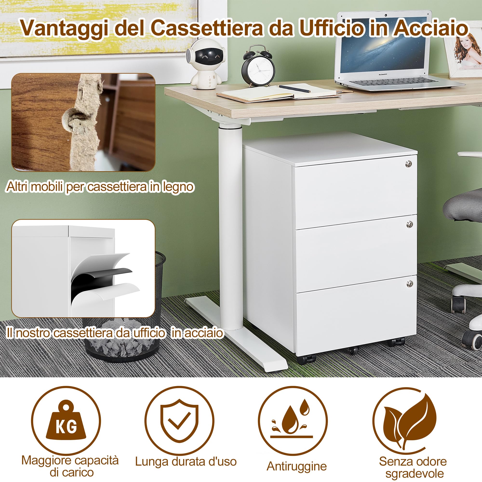 Cassettiera Scrivania Mobile, Cassettiera con 3 serrature, 4 Chiavi, 3 Cassetti, in Acciaio, Preassemblato, Bianco