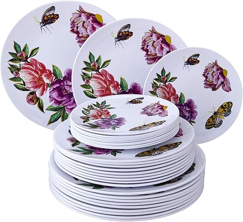 Silver Spoons Juego de platos de plástico de 30 piezas con diseño de mariposa vibrante para recepción de boda  Colección Monarca, 10 porciones, rosa