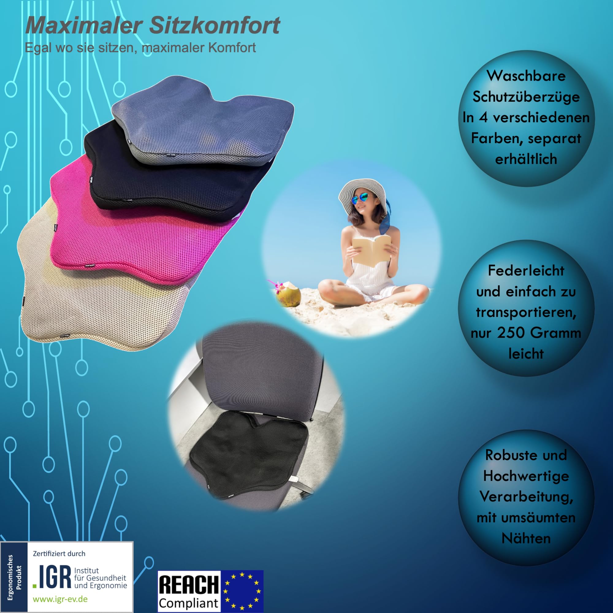 Cuscino ortopedico SoftAirSeat PRO – viaggio, ufficio, auto, volo, treno, cuscino per sedia con 20 imbottiture d'aria, regolabile individualmente