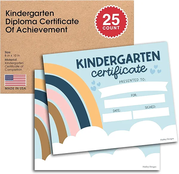 Kindergarten Certificates of Completion - 25 Graduation Certificates for Kids, Kindergarten Diploma, Boho Preschool Diploma