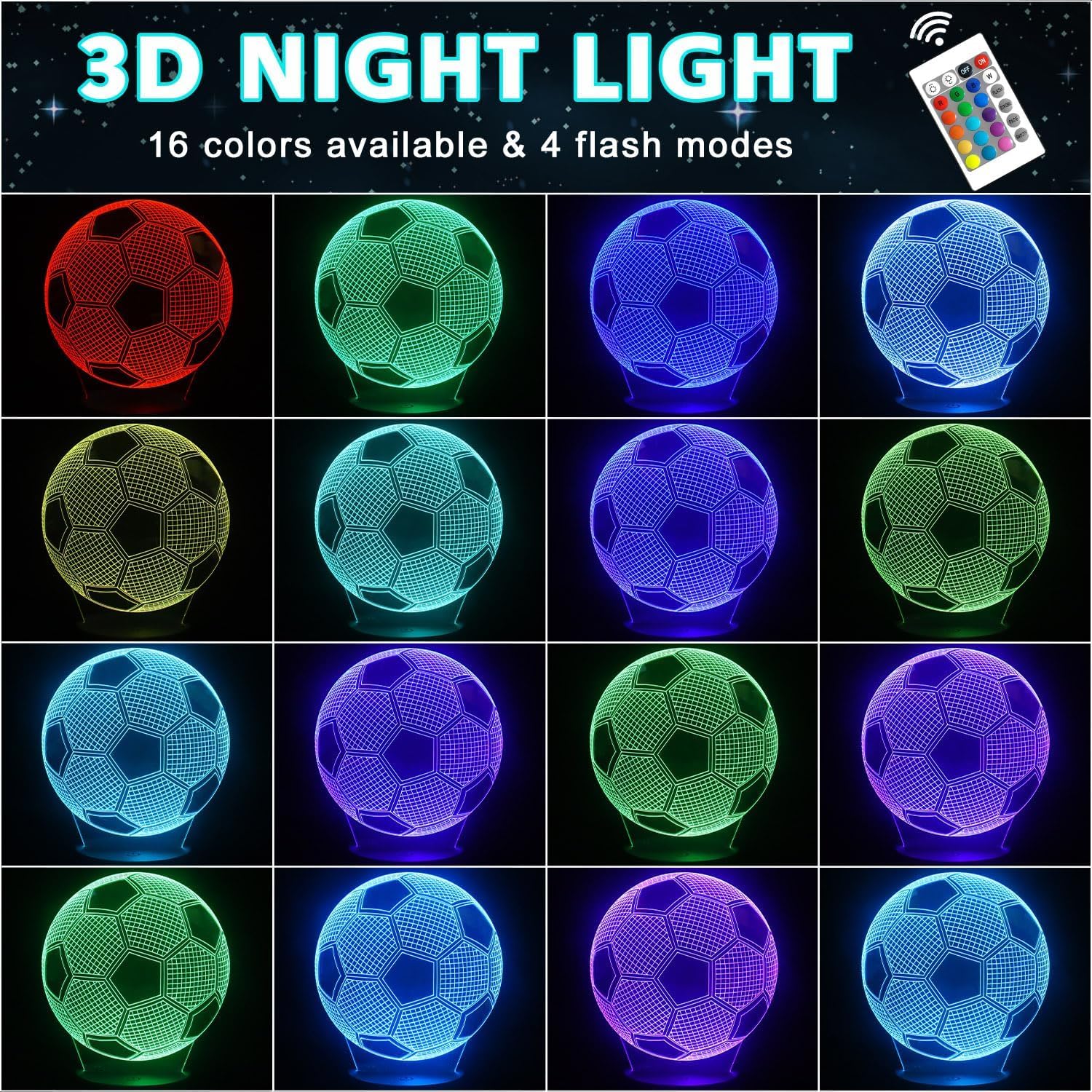 AIRUEEK Regalo de Calcio per ragazzo-3D Luce Notturna Bambini-con 16 Cambi di Colore e Telecomando,Regalo Compleanno per Bambina, bambino,ragazza, ragazzo, battesimo bimbo