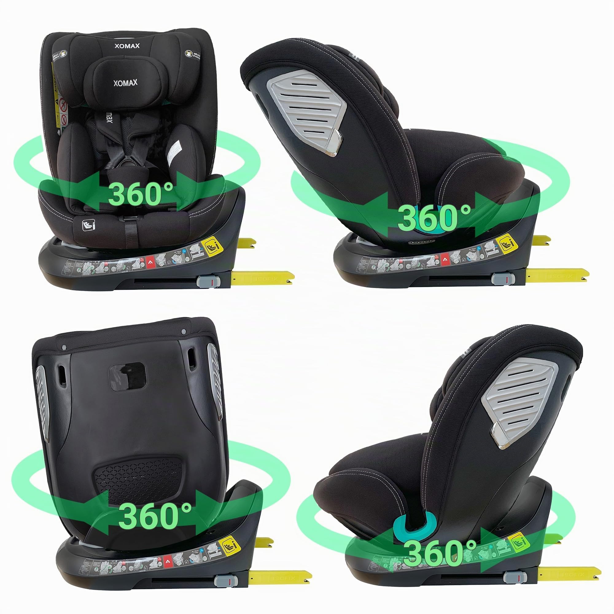 XOMAX G409 - Siège enfant rotatif à 360° - Pied ISOFIX - Évolutif - 0-36 kg - 0-12 ans - Groupe 0+/1/2/3 - Harnais 5 points - Harnais 3 points - Housse lavable - ECE R129