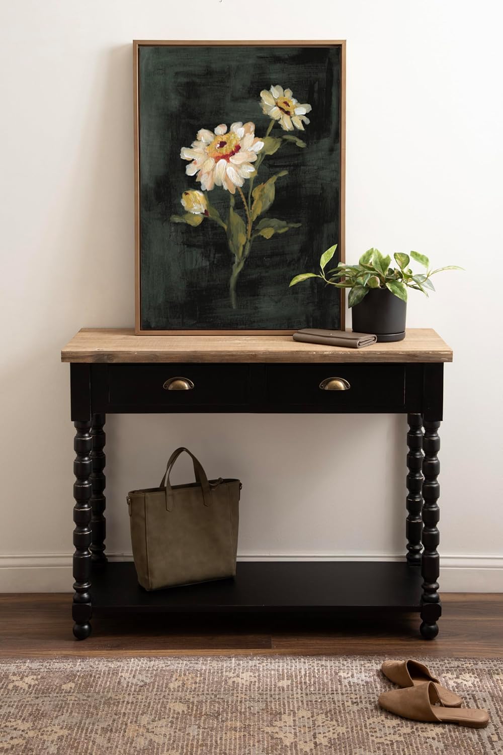 Kate and Laurel Rutledge Vintage Wooden Console Table with Shelf; 40 x 14 x 33; Hazelnut and Black; Traditional Wood Entryway Table with Drawers and Decorative Turned Legs for Entry Storage Options