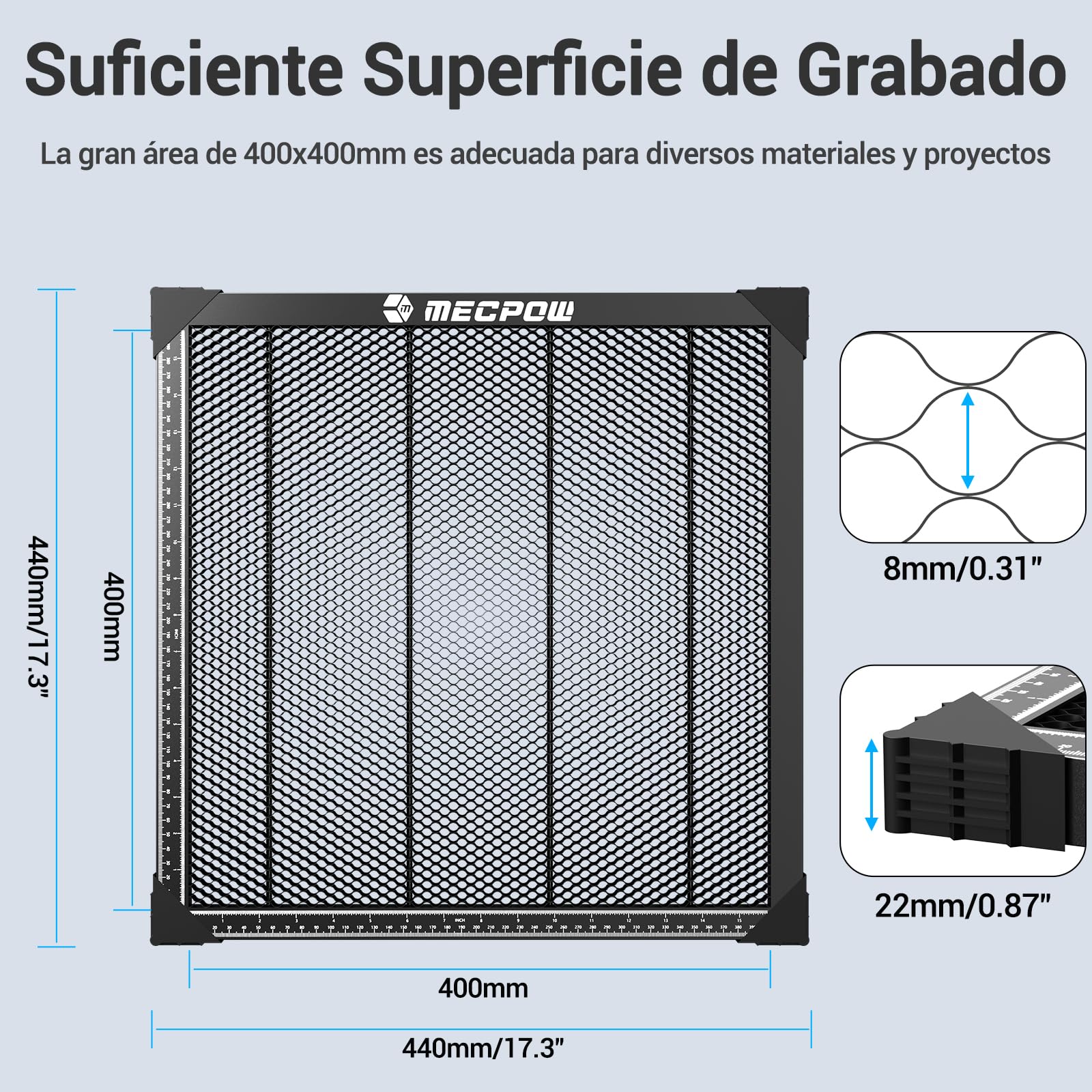 Mesa de Trabajo Láser Panal, 440 x 440 x 22mm Honeycomb Laser Bed para Grabador Láser, Garantizando Disipación Rápida del Calor y Protección de la Mesa