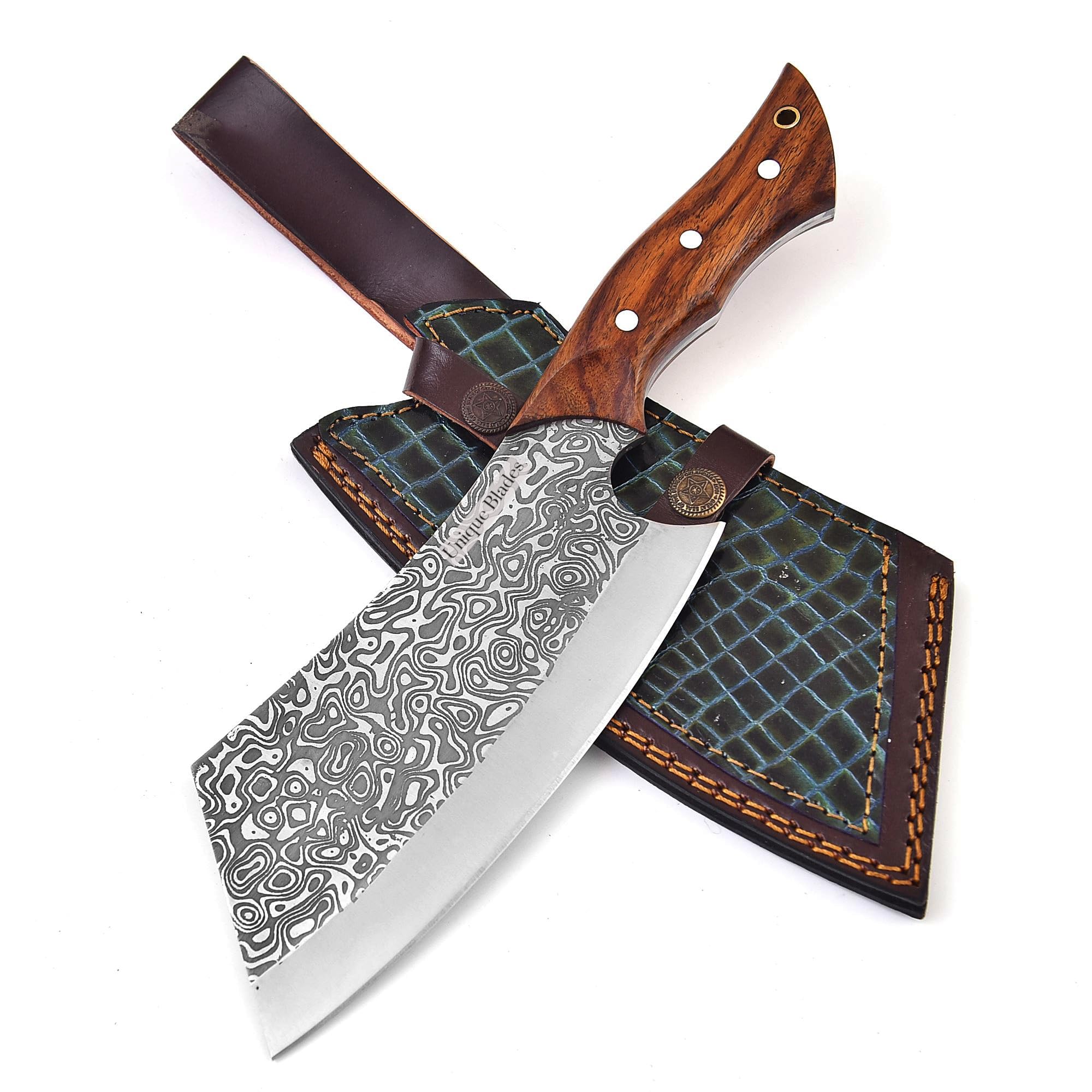 Unique Blades' Meat Cleaver Knife, 30-CM, Hand Forged Carbon Steel, Wood Handle, Rain Drop Etched