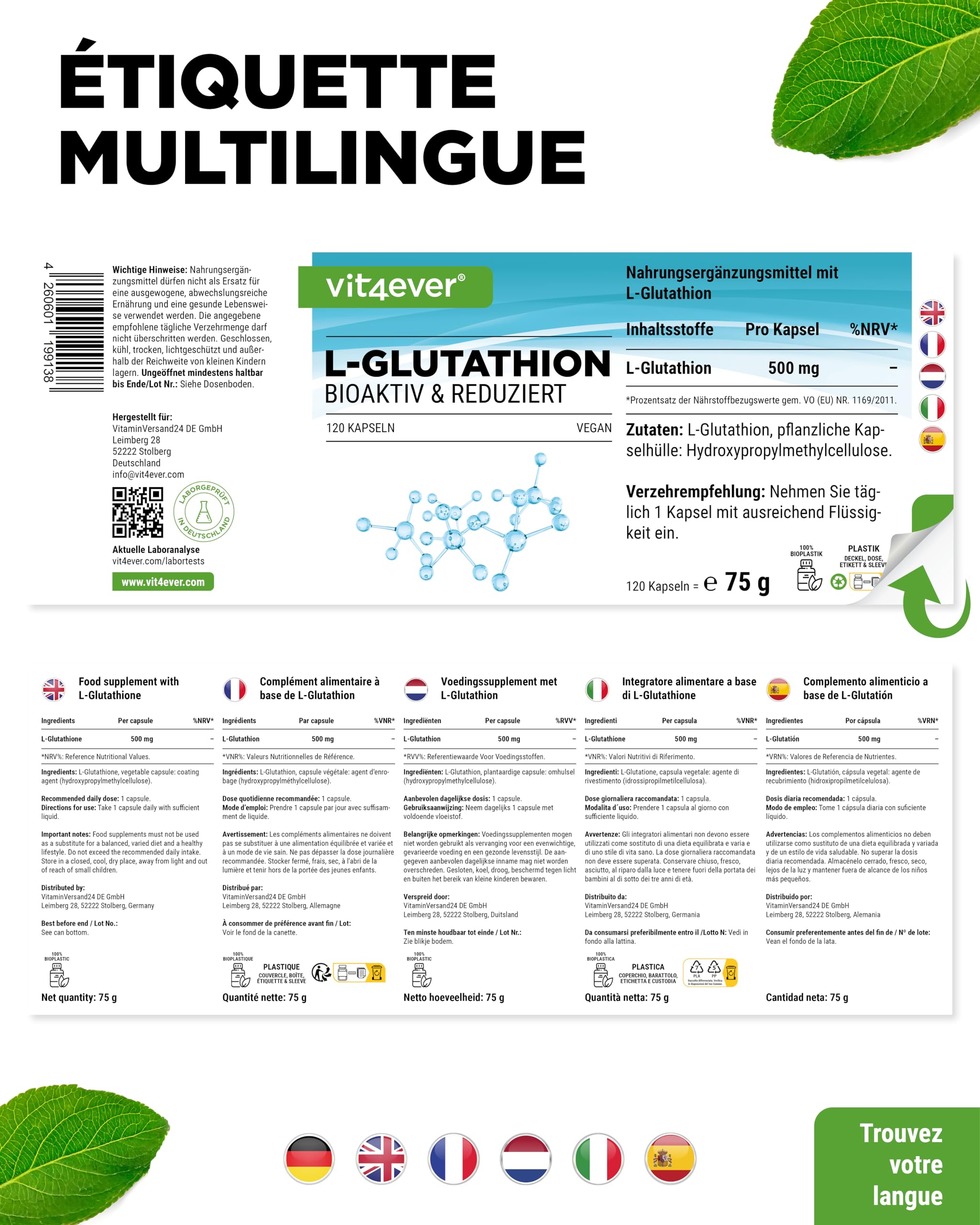L-Glutathion - 120 Gélules avec 500 mg par Gélule - Premium : Glutathion Réduit & Bioactif Issu de la Fermentation - Hautement Dosé - Vegan