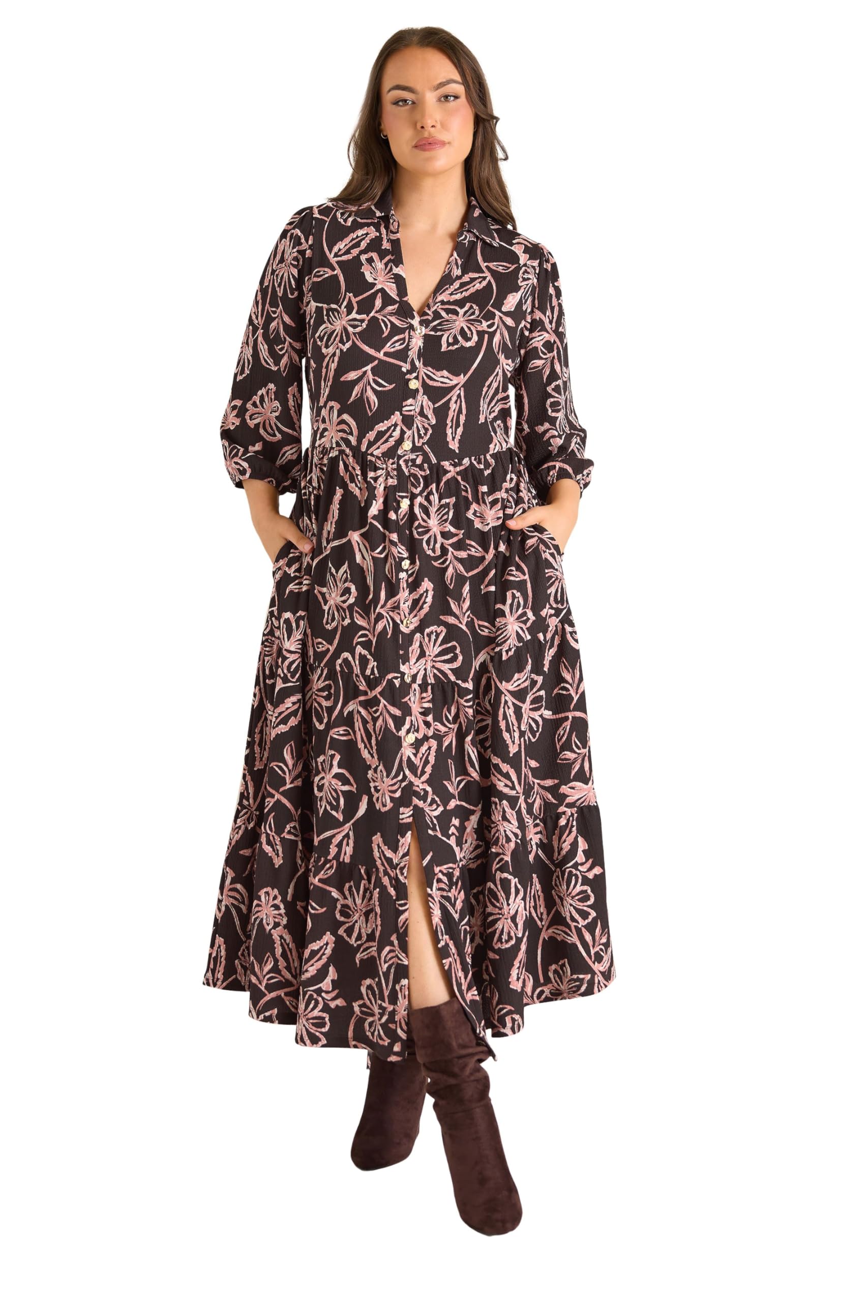 Evans Women's Chocolate Curve Brown Floral Midi Shirt Dress - Plus Size Curve
