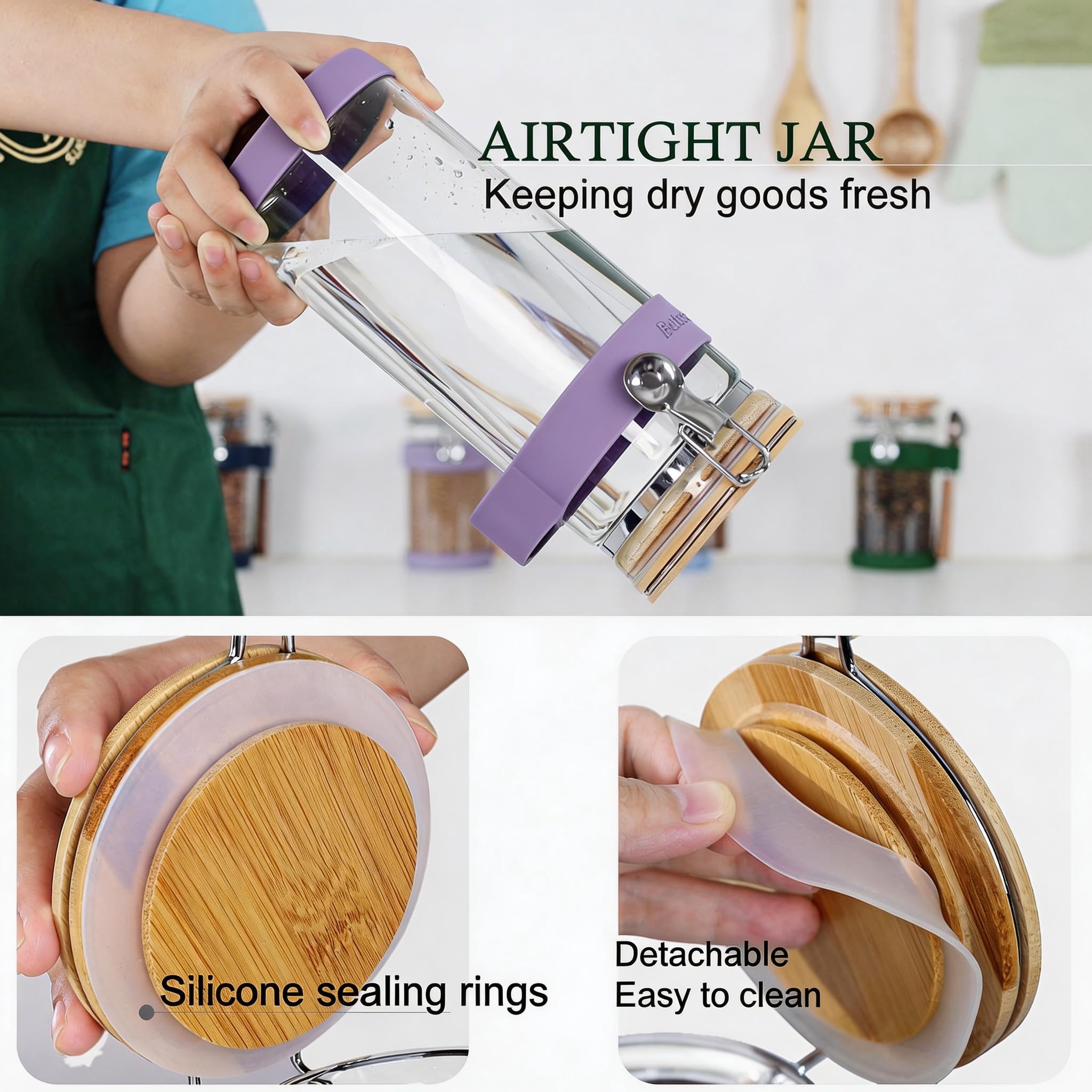 KKC Home Accents Kaffee-Vorratsdosen mit Bambus-Klemmdeckel, luftdichter Behälter für Zucker, Salz, Kaffeebohnen, losen Tee, Nüsse, Speisekammer-Organisation, 150 ml, Violett