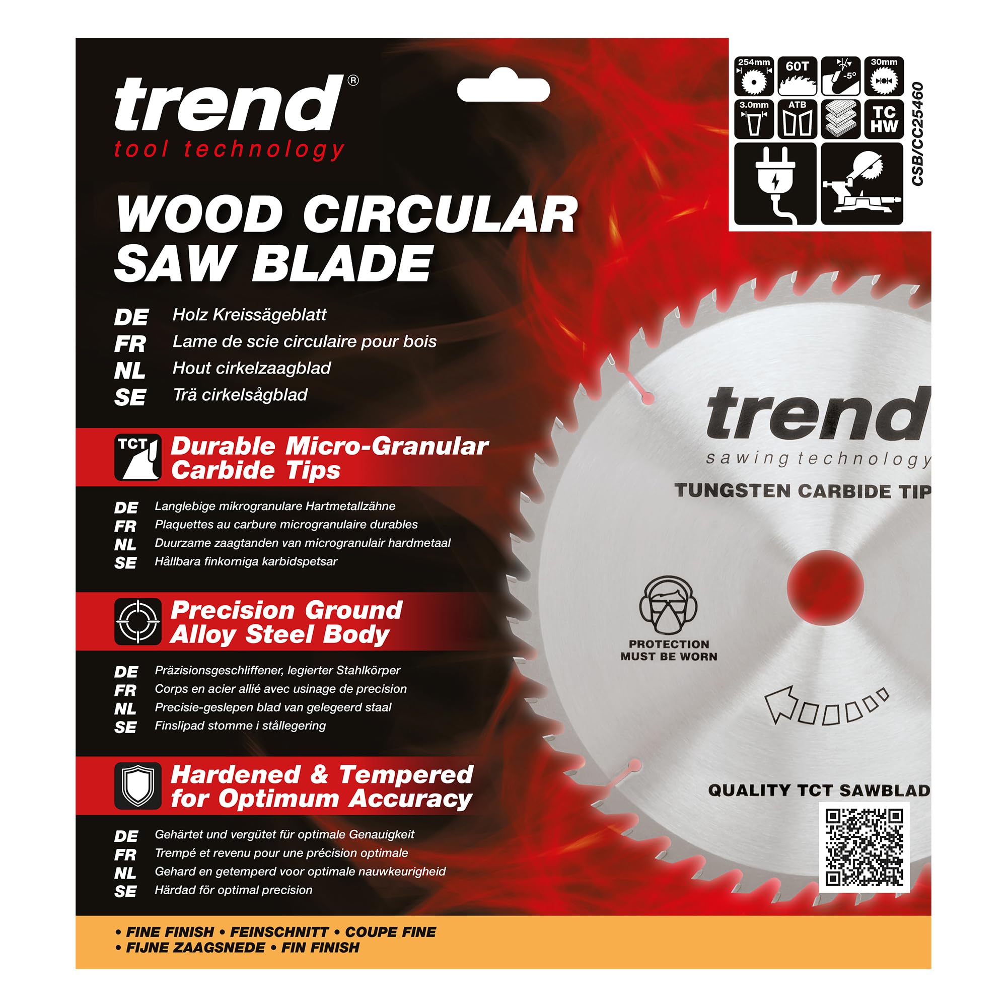 Trend Wood brzeszczot do piły ukośnej, średnica 254 mm, otwór 30 mm, 60 zębów, szczelina cięcia 3 mm, hak -5°, TCT, cienka powierzchnia, CSB/CC25460
