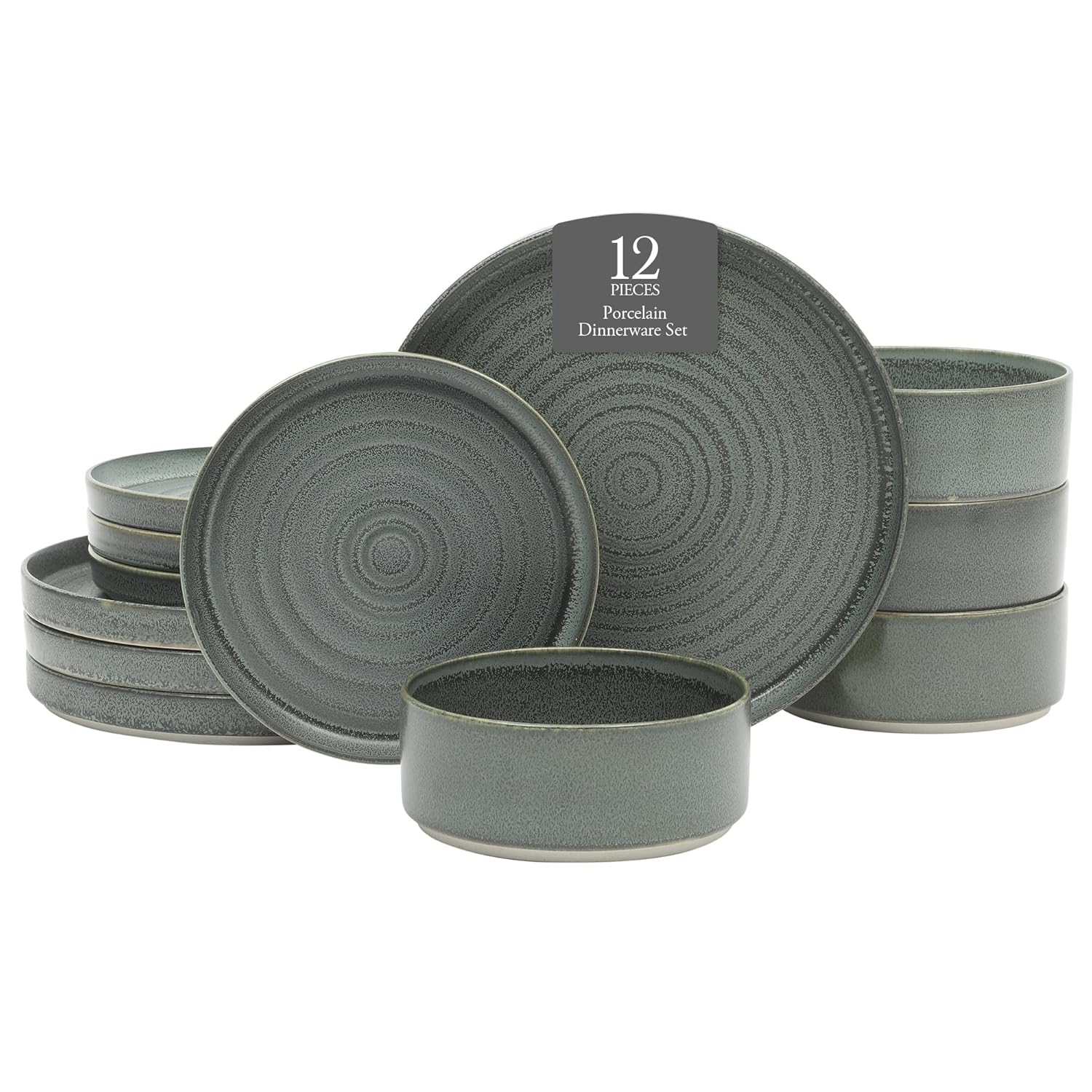 Gibson Elite Echo Bay 12 Piece Porcelain Reactive Glaze (Service for 4) Ceramic Plates and Bowls Modern Stackable Dinnerware Set - Blue Blue (Echo Bay) Service for 4 (12pcs)