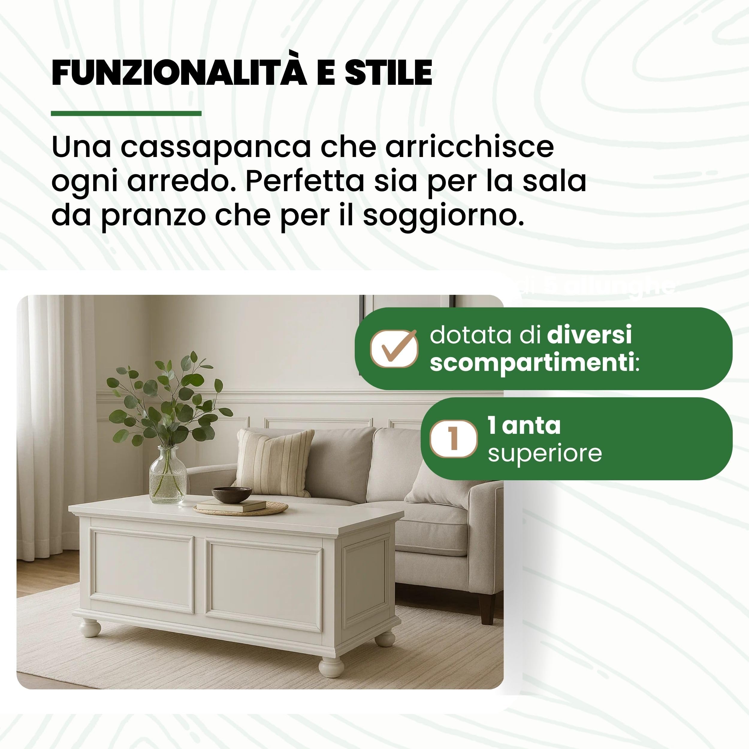 Mar.c.a. Design - Cassapanca in Legno da Interno 1 Anta 120x44x51 cm - Cassapanca con Piedini a Cipolla Made in Italy