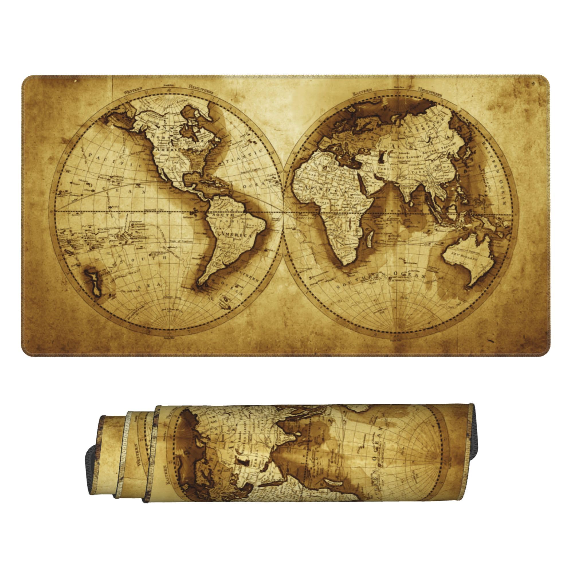 Mouse Pad, Large Antique World Map Desk Mat, Extended Non-Slip Gaming Keyboard Mousepad Desk Pad, Thick Stitched Edges Waterproof Mouse Mat 31.5"x15.7" (Retro World Map)
