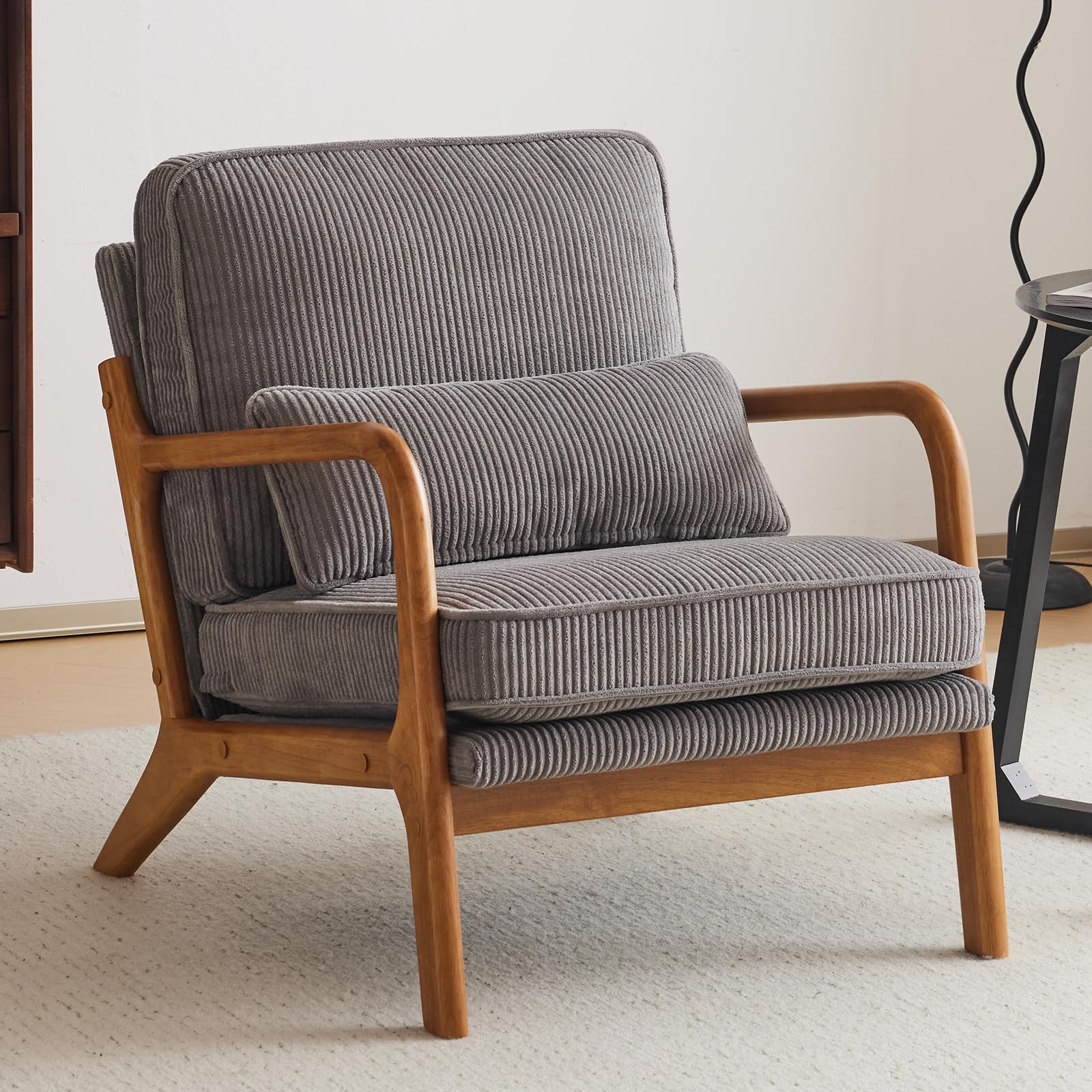 Bonnlo Accent Chair, Soild Wood Padding Lounge Armchairs, Occasional Reading Chair with Cushions and Lumbar Pillow, Armchairs for Living Room, Bedroom, Guest Room, Corduroy, Light Grey โ image 1
