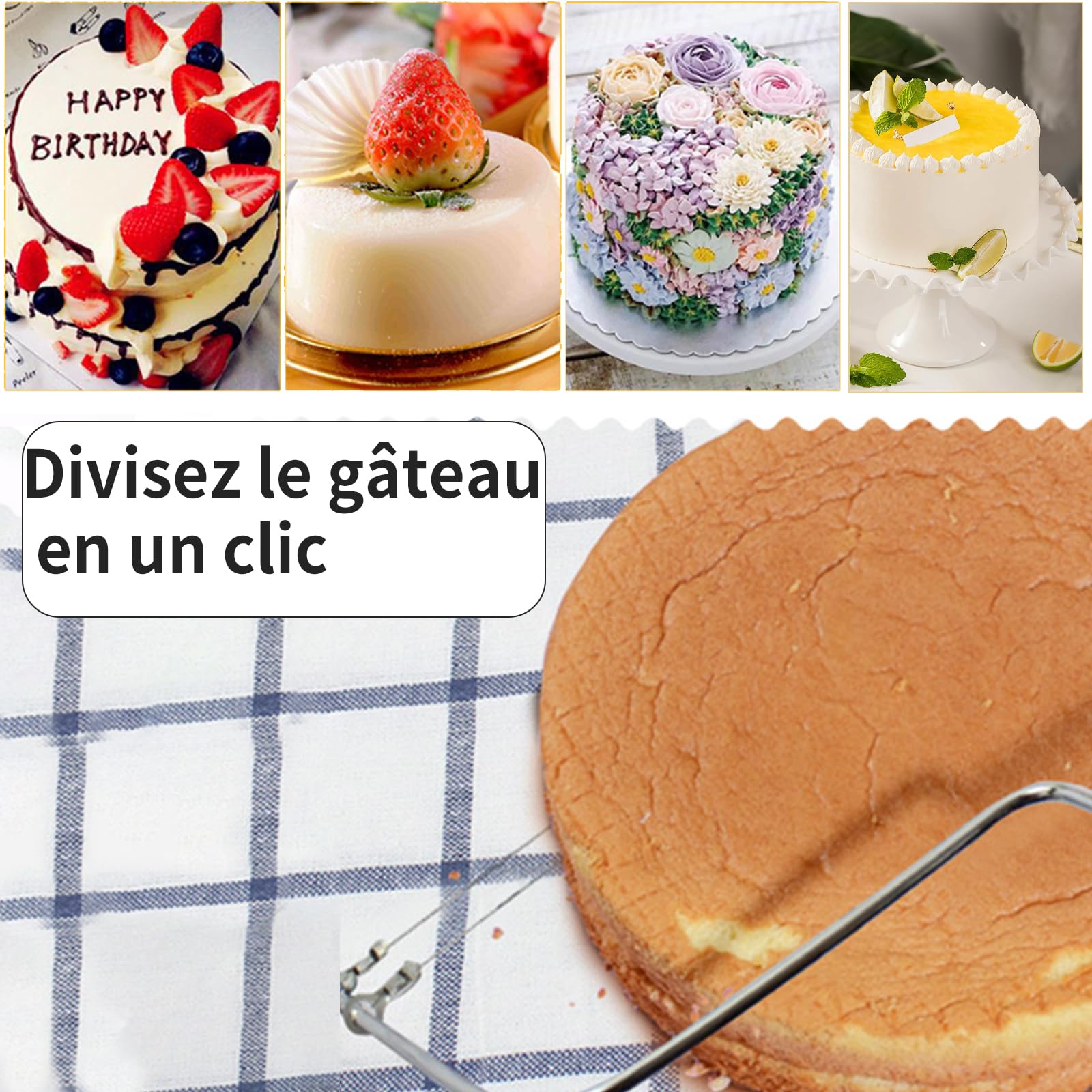 GIONAR Coupe-gâteau en Acier Inoxydable Réglable, 2 Pièces Lame Simple/Double pour Layer Cake