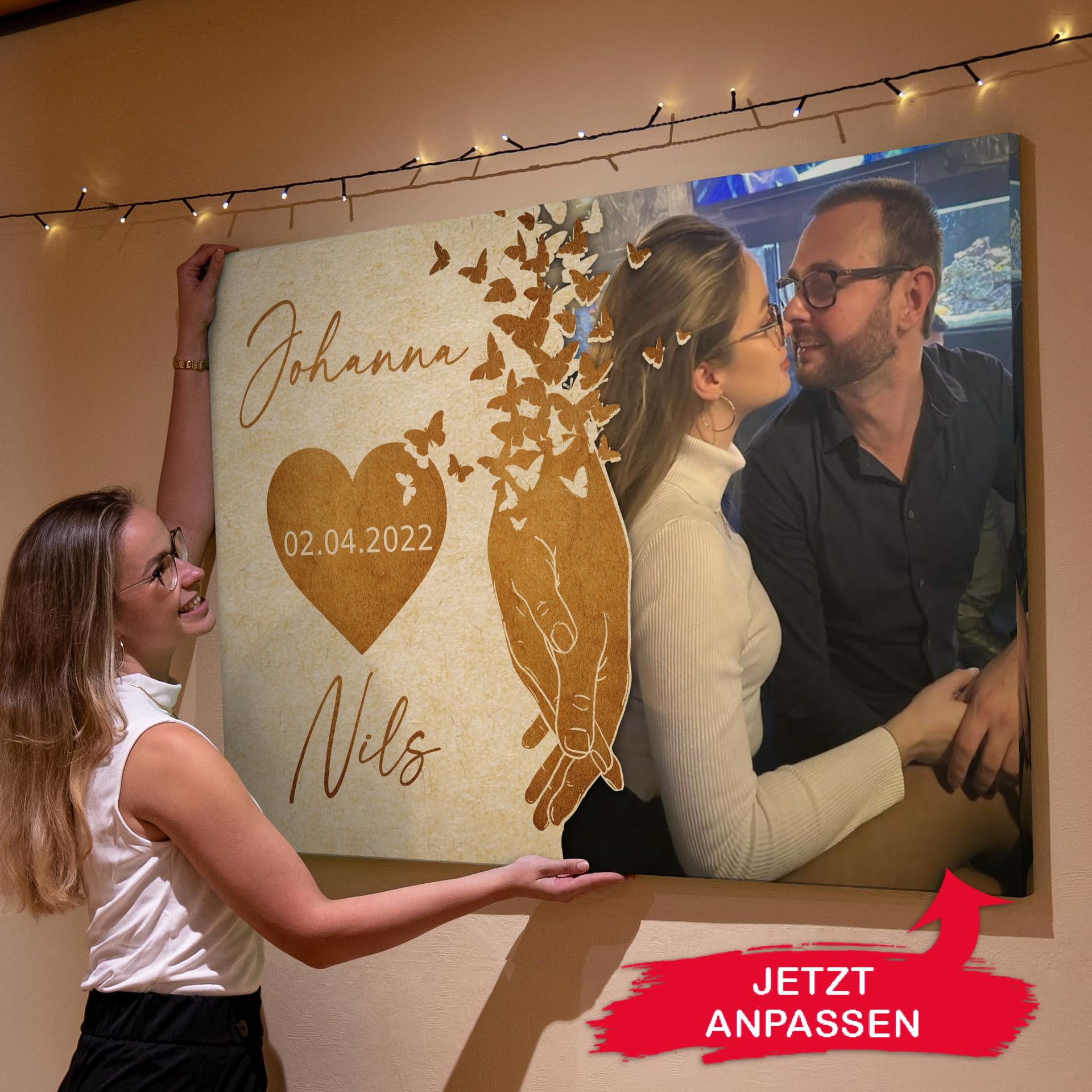 Liebesleinwand Individuelles Wandbild mit Foto | Jahrestag, Hochzeitstag Geschenke für Frauen | Leinwand mit Foto, Namen und Datum gestalten | Nimm meine Hand