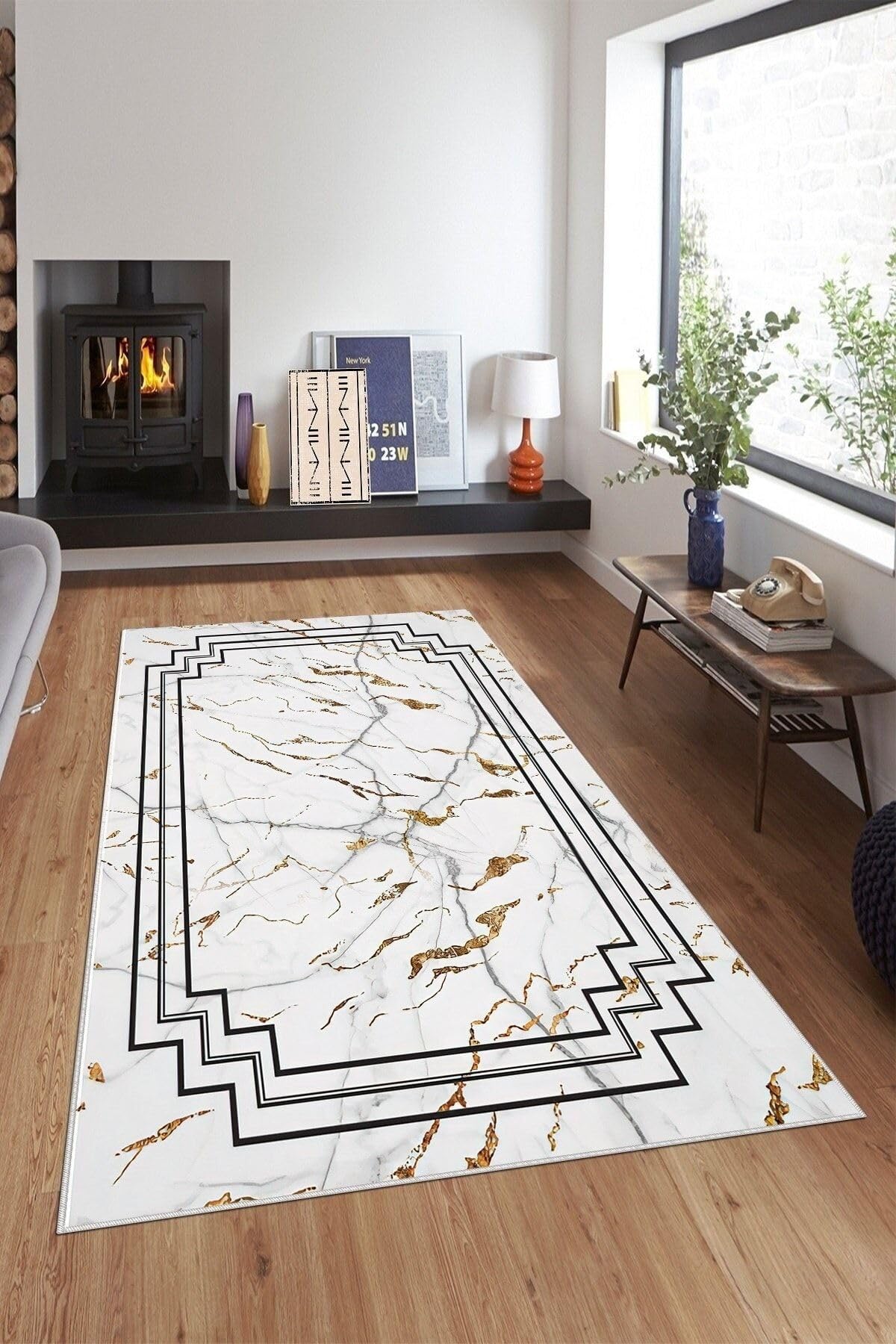Pelangi Beyaz Mermer Desen Çerçeveli Yıkanabilir Kaymaz Taban Leke Tutmaz Modern Salon Halısı Ve Yolluk, Beyaz 100 x 300