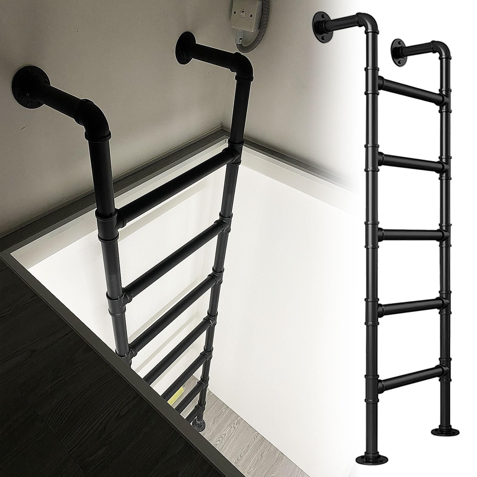 MXXQRHF 3.3ft9.8ft Adjustable WallMounted Ladder for Home Loft Basement Egress Industrial Iron Pipe Attic Bunk240cm/94in Black Perfect for Dorms & RVs