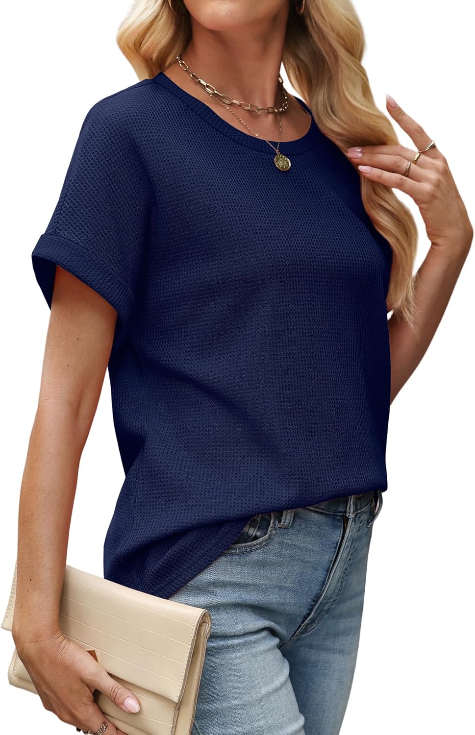 Sampeel Summer Tops for Women 2026 Trendy Rolled Short Sleeve Shirts Waffle Knit Crew Neck Tops Curved Hem Fashion Clothing - Image 3