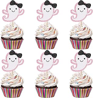 Ghost Cupcake Toppers Pink Glitter, Halloween Ghost Baby Shower Cupcake Toppers Ghost Food Cupcake Picks for Pink Halloween Baby Shower Birthday Party Cake Supplies - 24Pcs