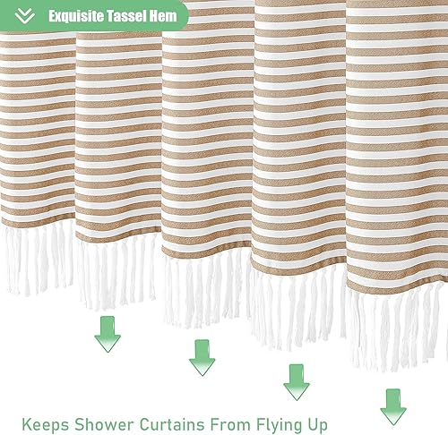 Miniatura 5 de Dynamene Cortina de ducha de tela beige, cortinas de ducha con borlas a rayas bohemias para baño, juego de cortina de ducha de lino bohemio