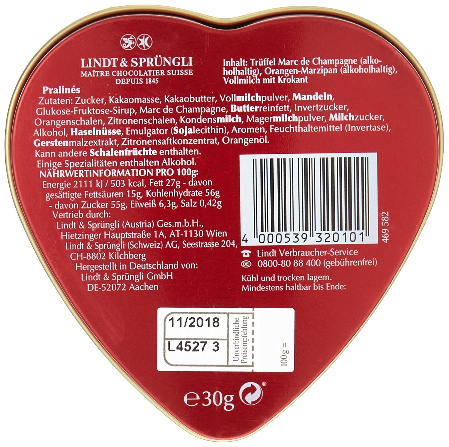 Lindt Schokolade Von Herzen Pralinen, liebevolle Pralinenmischung in Herz-Dose, Pralinen Geschenk für Ihre Liebsten, glutenfrei, 10er Pack (10 x 30g)