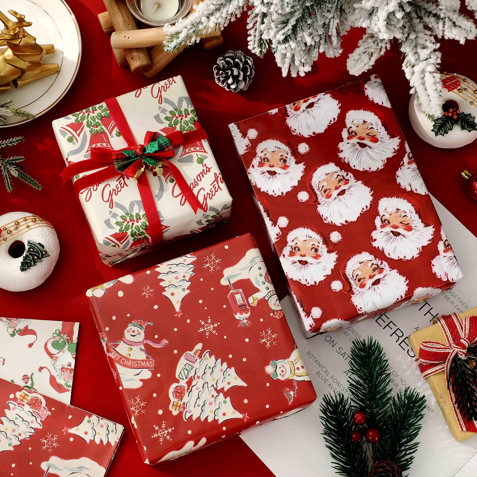 JarThenaAMCS Weihnachts-Geschenkpapier, 12 Bögen, keine Rolle, roter Weihnachtsmann, Schneemann, Geschenkpapier, flach gefaltet, saisonales Kunstpapier für Winter, Weihnachten, Geburtstag, Babyparty,