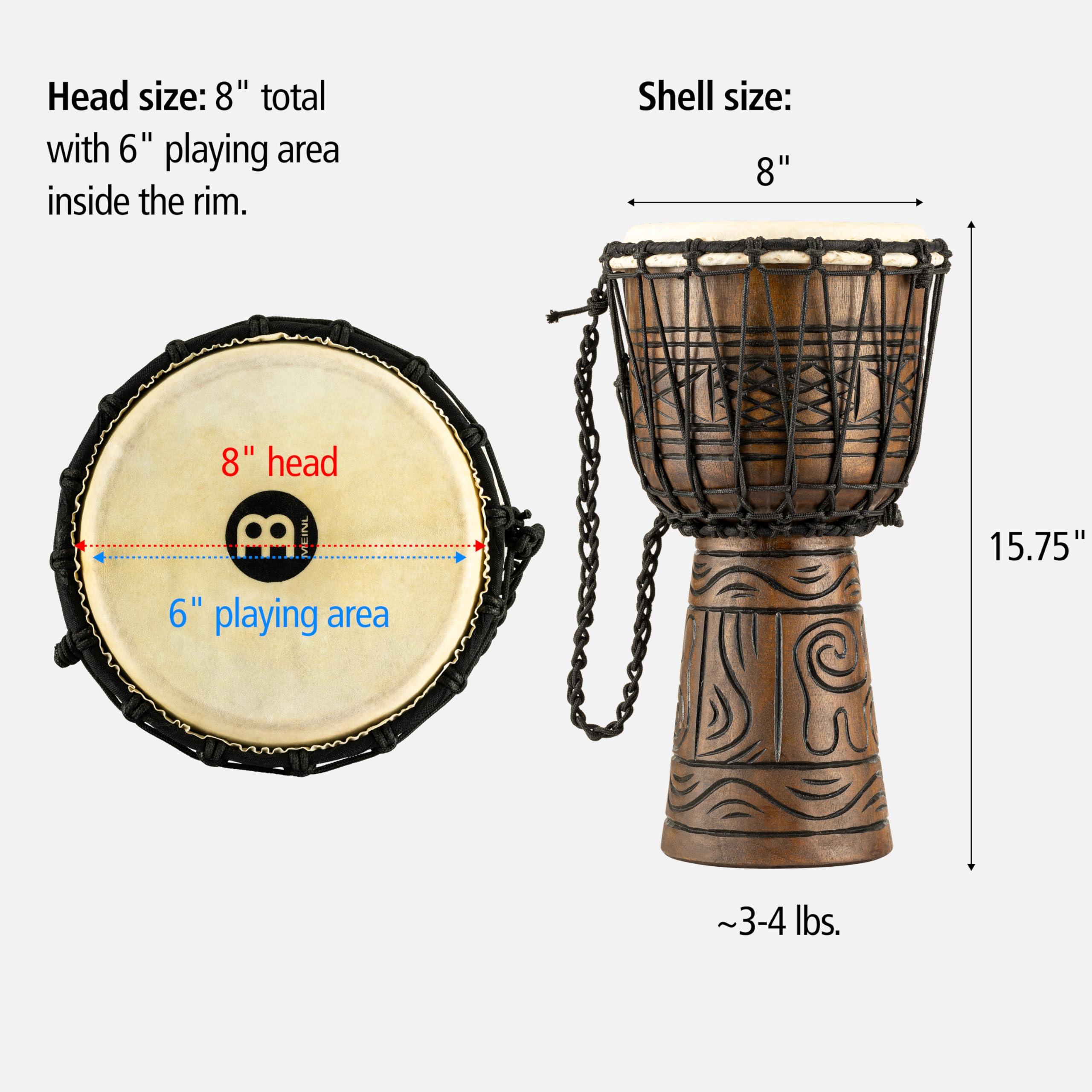 Meinl Percussion Artifact Series Djembe, Braun (HDJ17-S) | Handgeschnitzter Korpus, Höhe 15,75 Zoll, Durchmesser 8 Zoll, mit Nylonseilen, Ziegenfell, Mahagoni