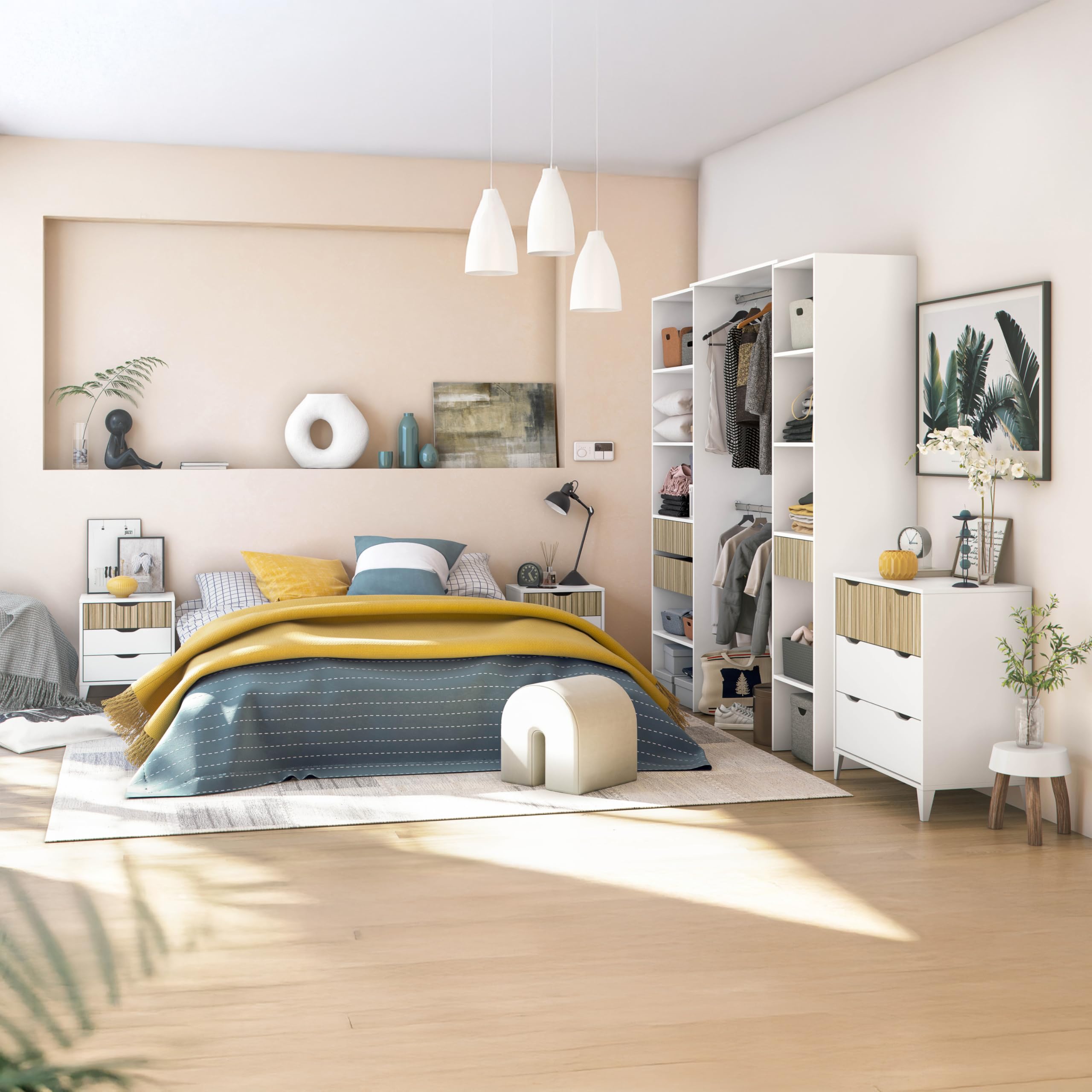 duehome | Pack de Dormitorio con 2 Mesitas de Noche + Comoda, Conjunto de Dormitorio, Modelo Nitza On 3C, Acabado en Blanco Artik y Roble Natur