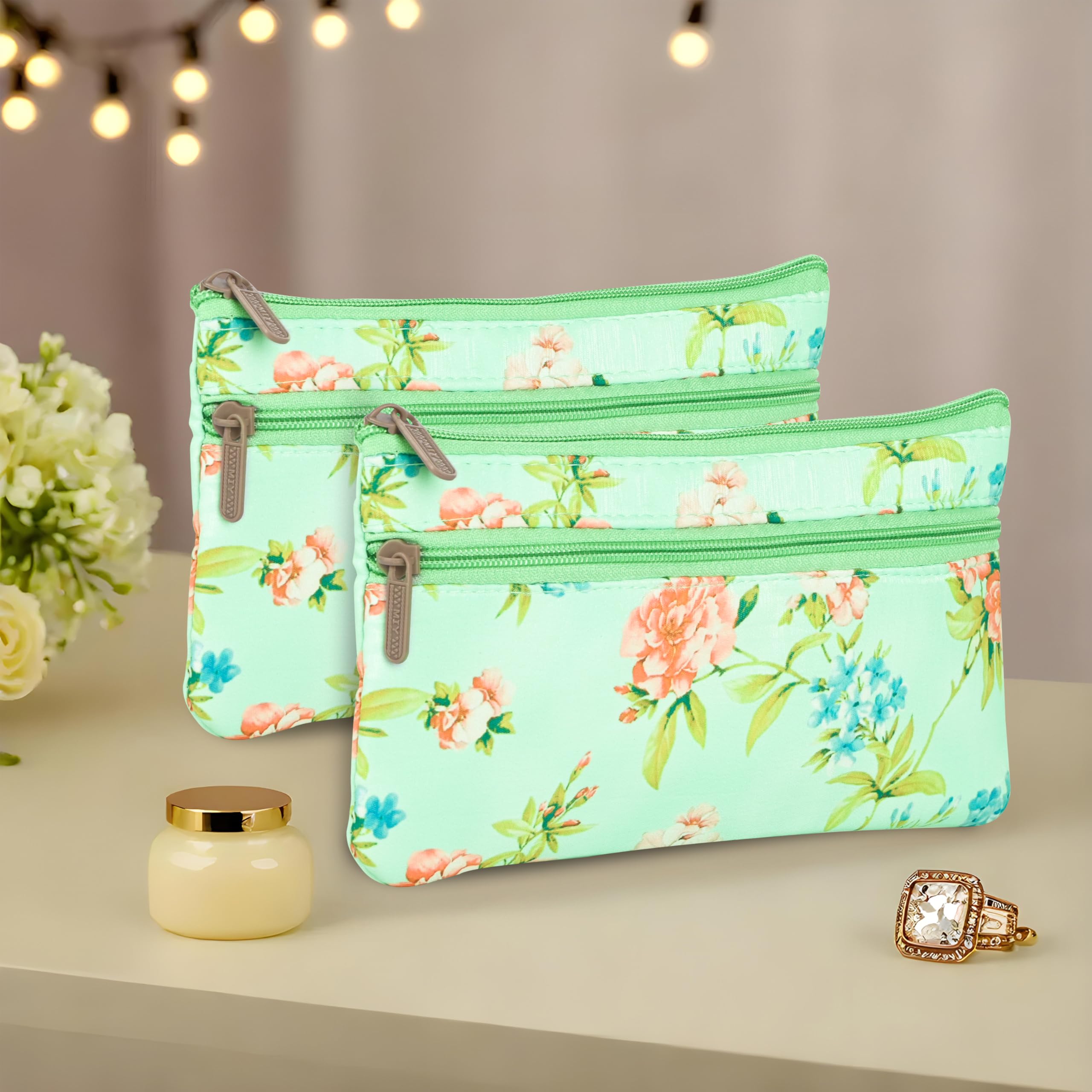 Kuber Industries 2 Pcs Silk Small Hand Purse for Women with Zip Closure | Cloth Cash Pouch for Women | Return Gift Purse for House Warming Function & Baby Shower Ceremony | Floral Print - Green
