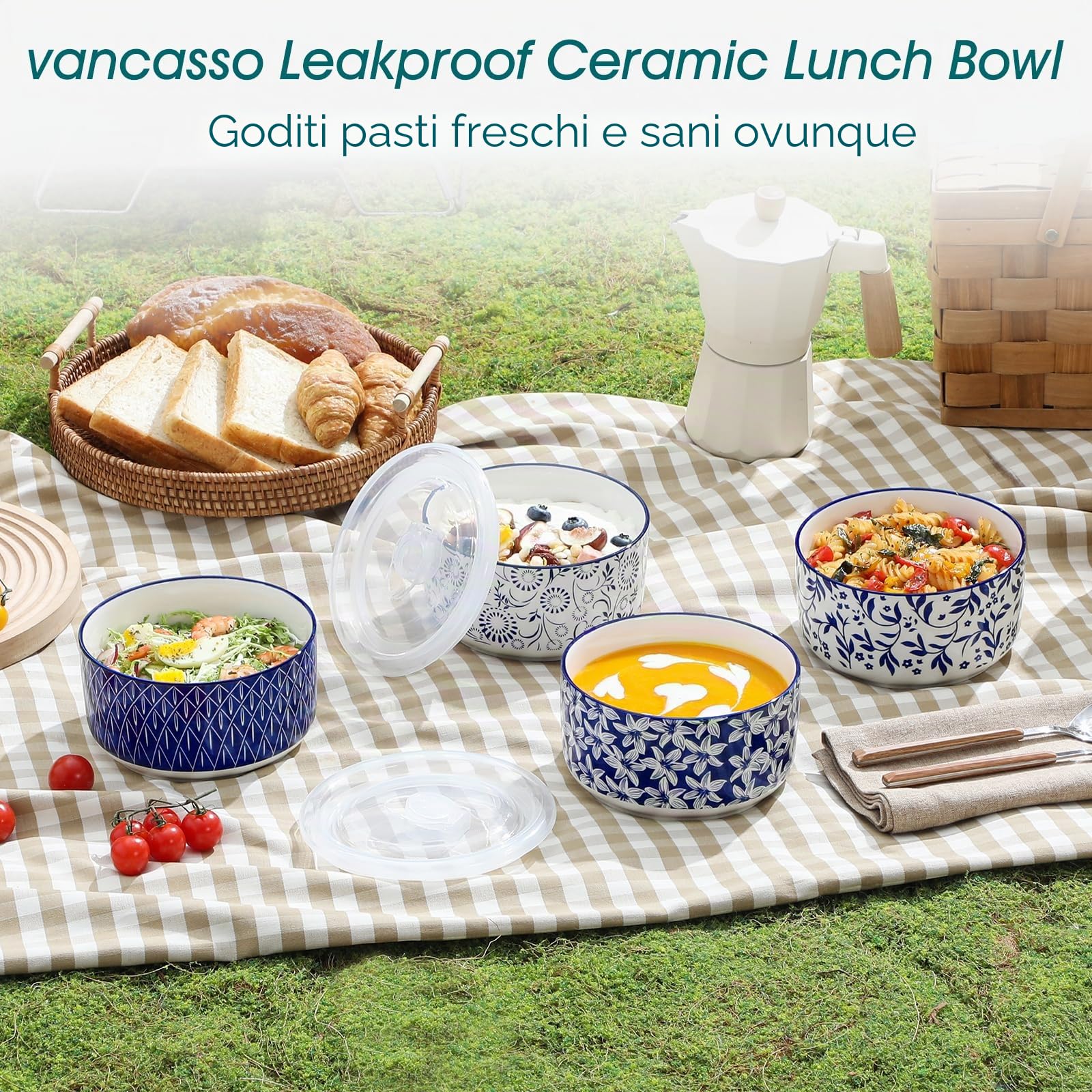vancasso SELENE - Set di 4 Contenitori per Alimenti, Lunch Box in Ceramica, Contenitori per la Cucina, Ideali per Cereali, Insalate, Ramen, Utilizzabili in Microonde e Congelatore - Bianco e Blu