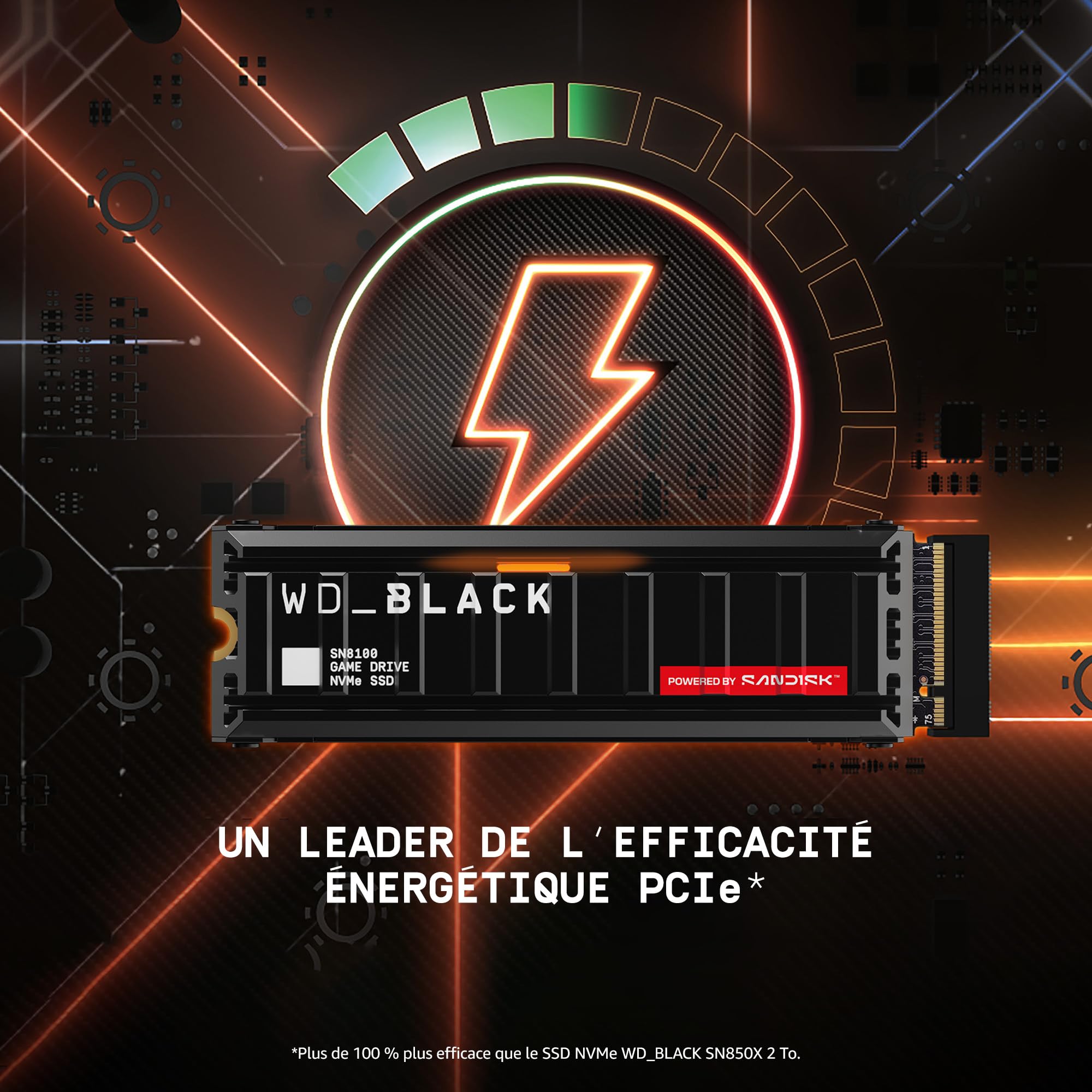 WD_Black SN8100 PCIe Gen 5, NVMe SSD 2 to (Jusqu'à 14 900 Mo/s / 14 000 Mo/s Vitesses en Lecture/d'écriture séquentielle, avec dissipateur Thermique, M.2 SSD, Jusqu'à 1 200ToW) Powered by SANDISK