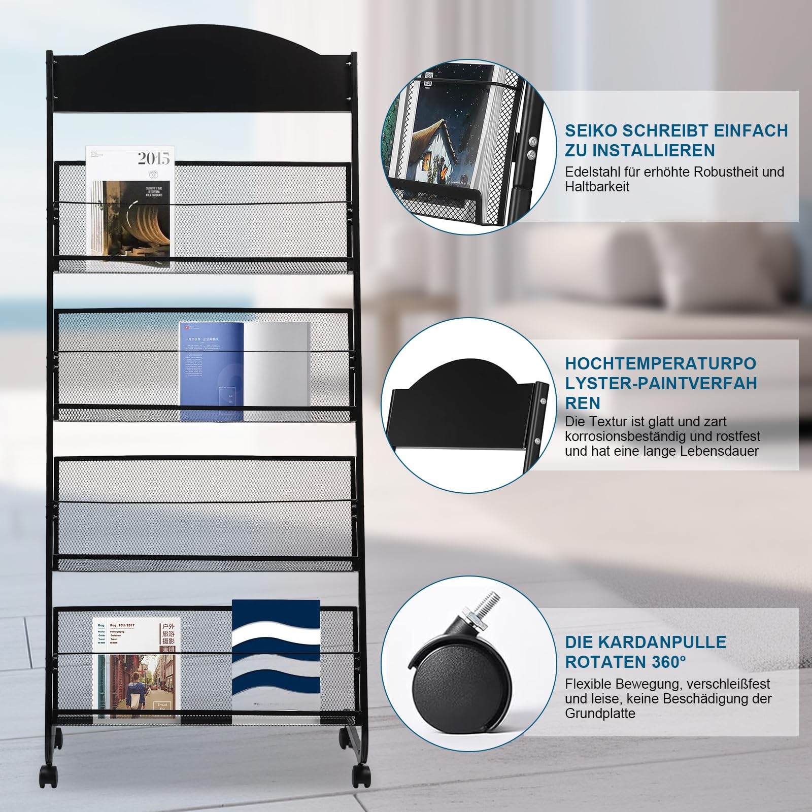 Présentoirs Support Au Sol Porte-brochures,Porte-revues,Présentoir à livres,Kiosque à Journaux Titulaire,3 feuilles A4 de largeur,Porte-revues,Avec roues universelles,Noir
