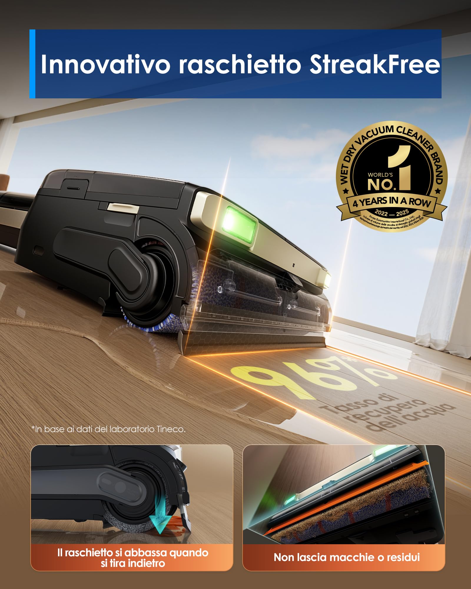 Tineco FLOOR ONE S9 Master Lavapavimenti aspirapolvere senza fili, pulizia ad acqua calda, corpo ultrasottile da 9,9 cm, aspirazione da 23000Pa, sistema autopulente Flashdry