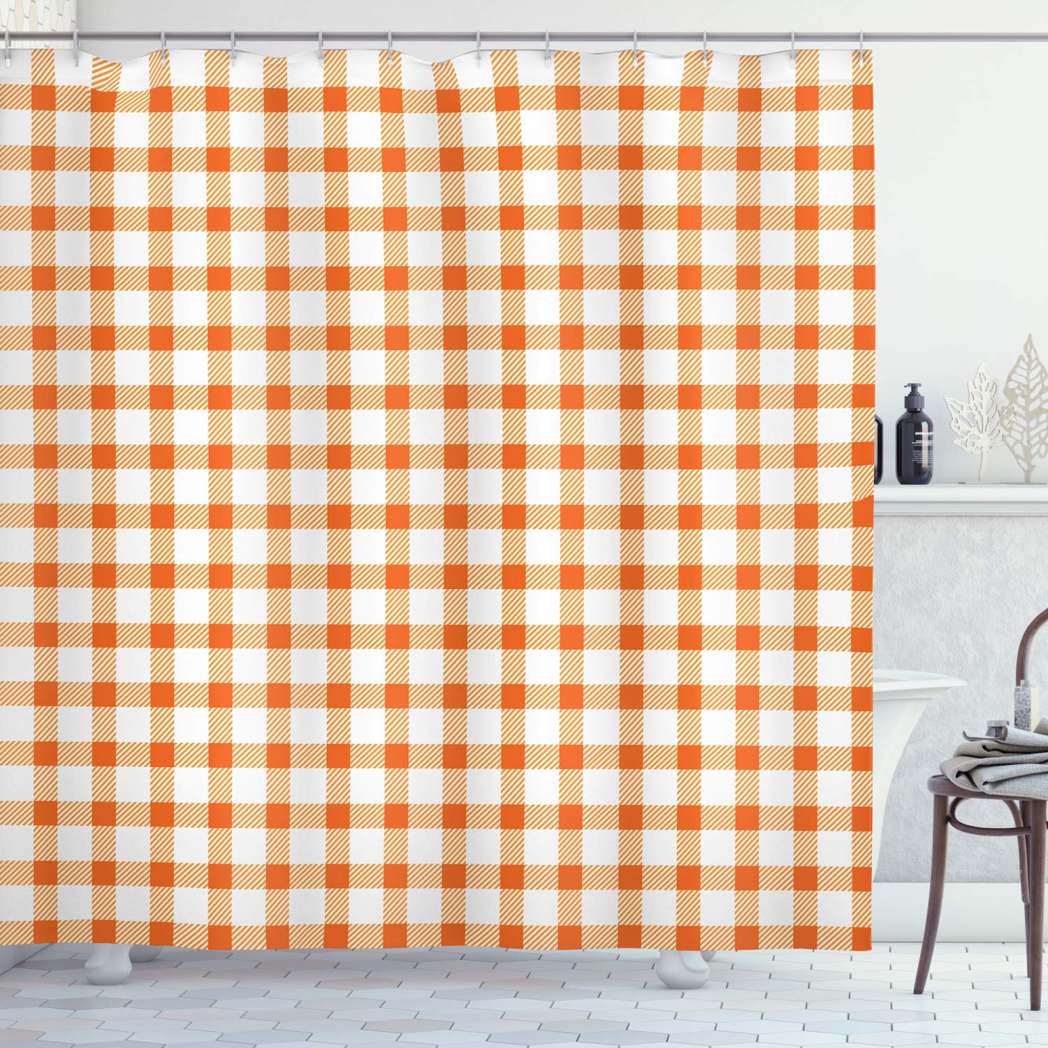 ABAKUHAUS Orange and White Shower Curtain, Retro Gingham Style Checkered Squares Pattern in Warm Colors Plaid