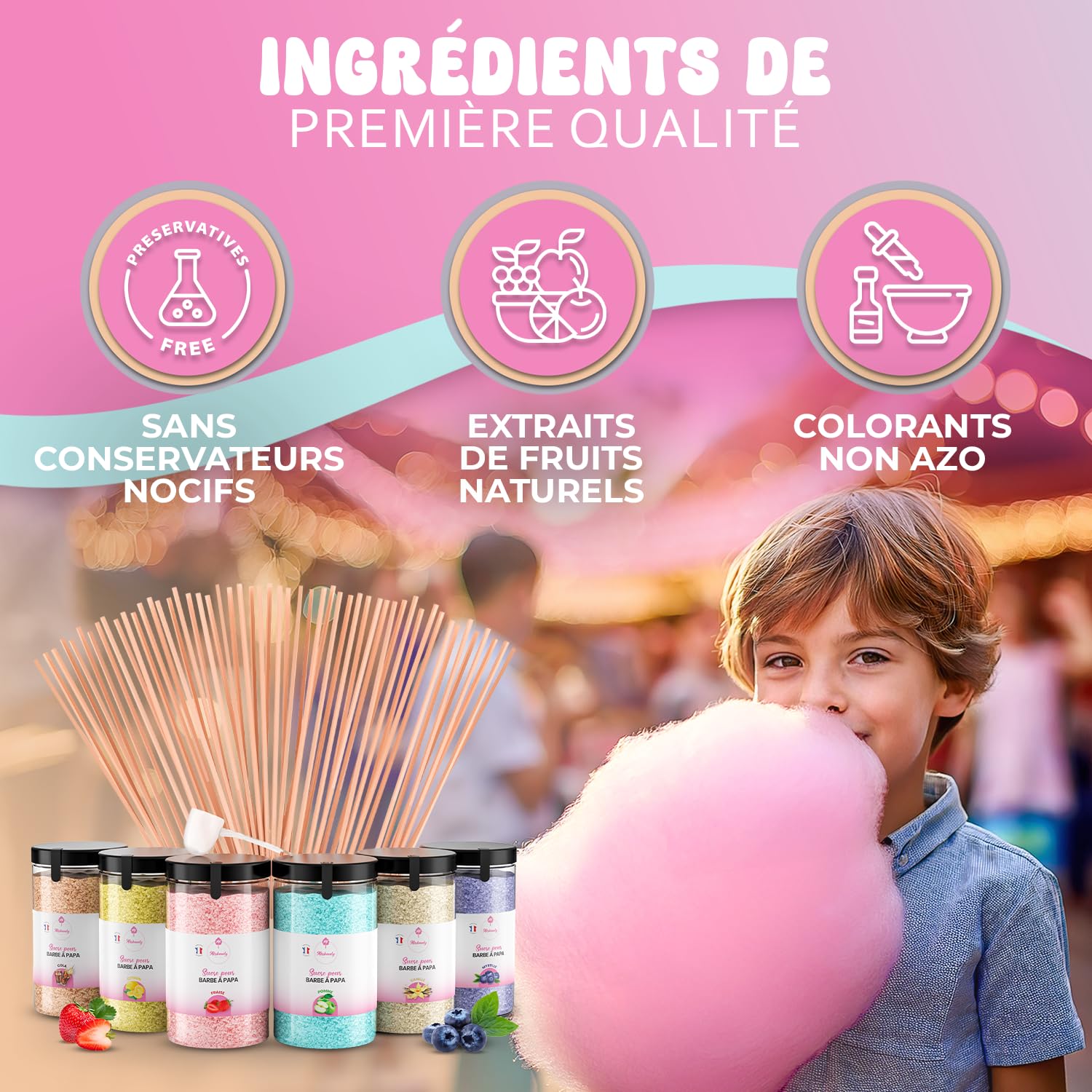 Misskandy® sucre barbe à papa pour machine- Lot de (6 * 240Gr) - (Arômes Naturels): Goûts: Fraise/Pomme/Cola/Myrtille/Vanille/Citron/poudre barbapapa+ 50 bâtonnets (offerts)/ Fabriqué en France