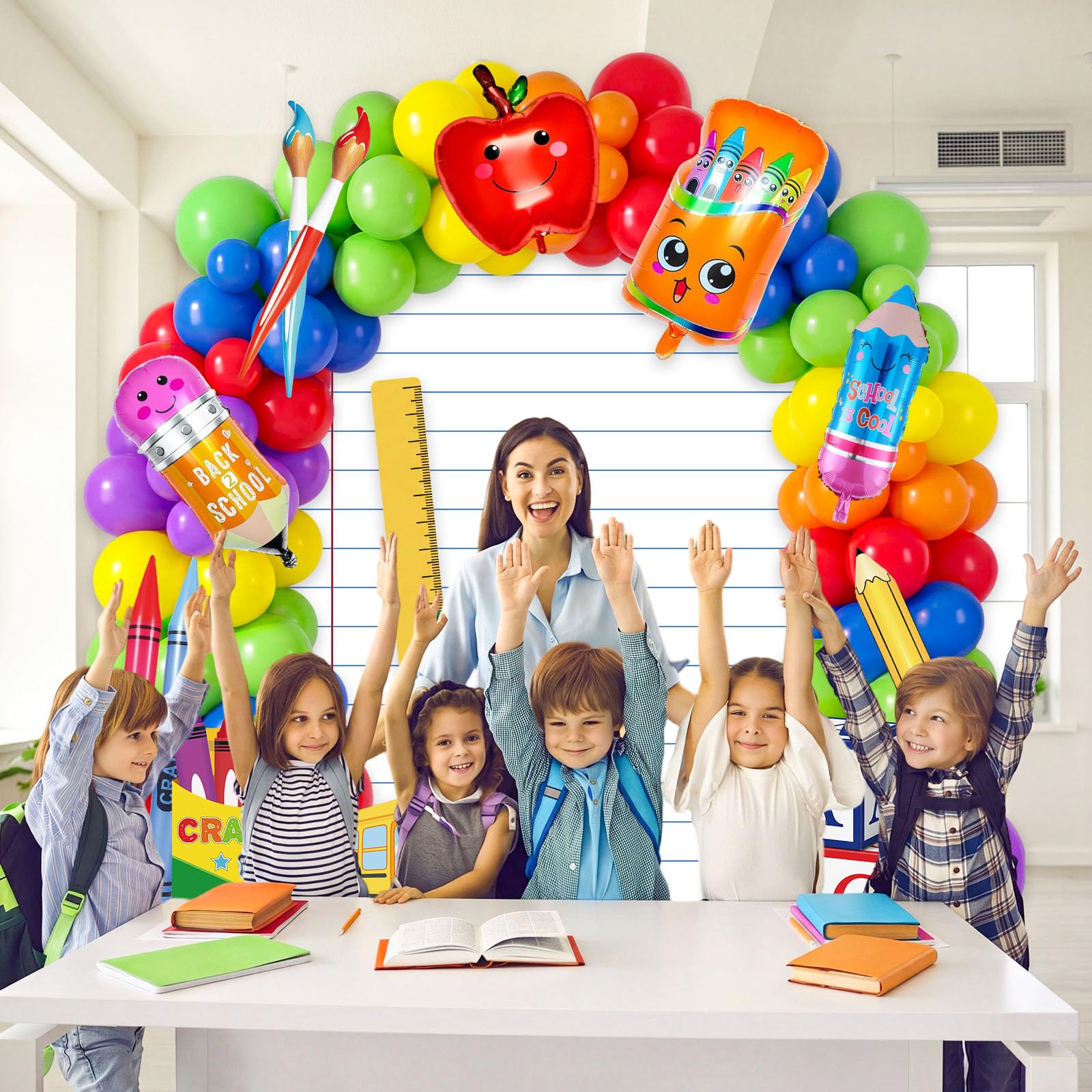Kit de arco de guirnalda de globos para el regreso a la escuela, 168 piezas, con telón de fondo, globos arcoíris, globos de aluminio, cajas de autobús ABC, decoración de crayones inflables para