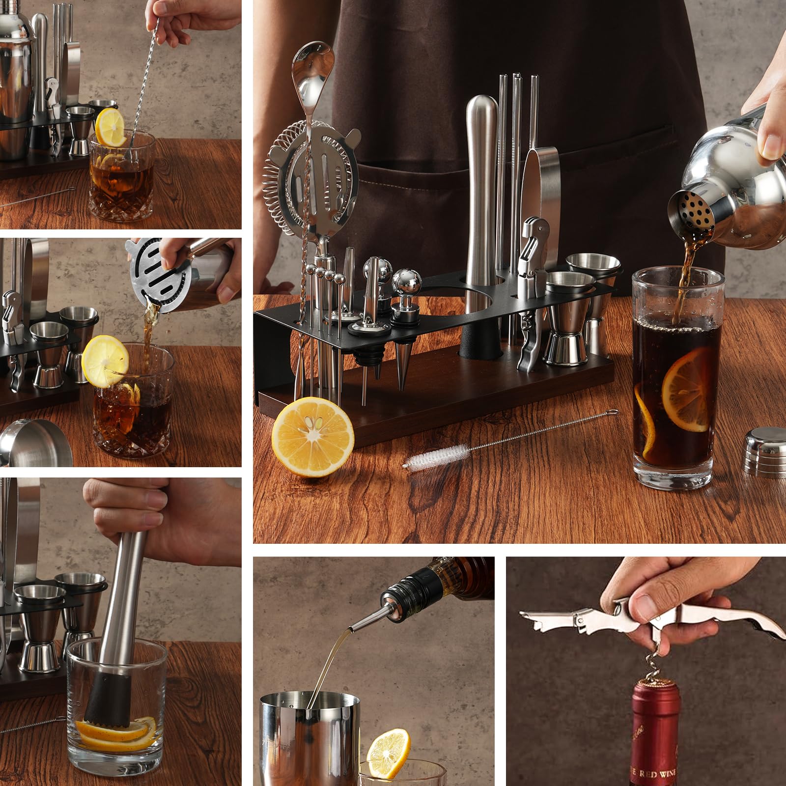 Kit shaker à cocktails avec support | Ensemble de 23 pièces pour barman avec tous les accessoires essentiels : shaker à martini, doseur, pour la maison, le bar et les fêtes (chocolate-F)